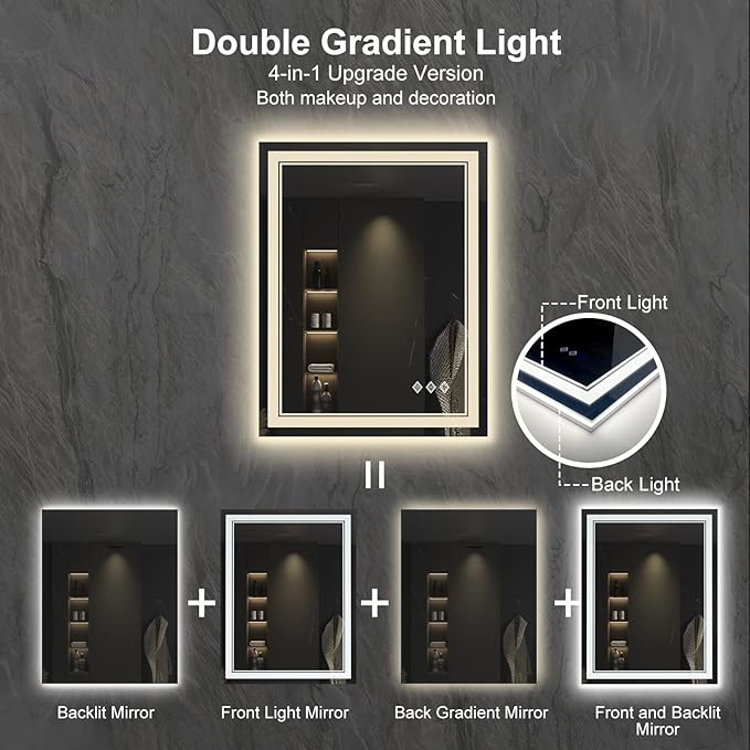 LED Bathroom Mirror, 24x32 Inch Gradient Front and Backlit LED Mirror for Bathroom, 3 Colors Dimmable CRI>90 Double Lights, IP54 Enhanced Anti-Fog, Hanging Plates Lighted Vanity Mirror