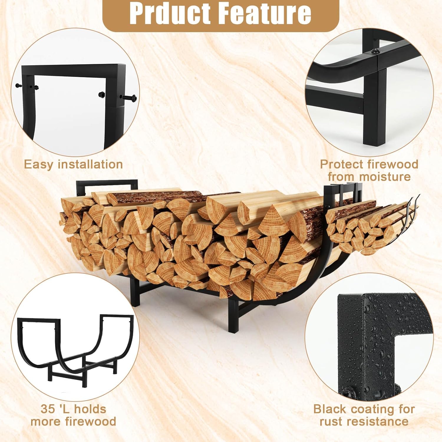 35 Inch Firewood Rack Indoor Outdoor with Firewood Carrier, Metal Small Indoor Wood Rack,Heavy Duty Firewood Holder with Kindling Hooks, Sturdy Fireplace Log Holder