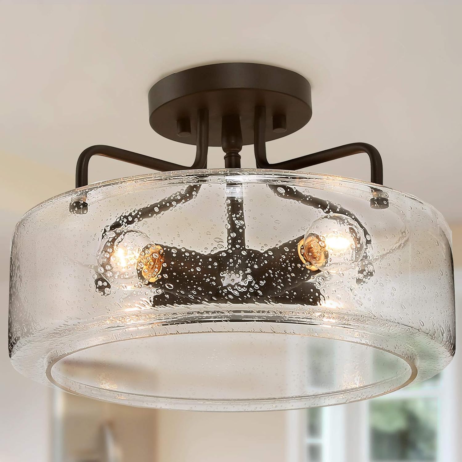 Semi Flush Mount Ceiling Light with Seeded Glass Shade