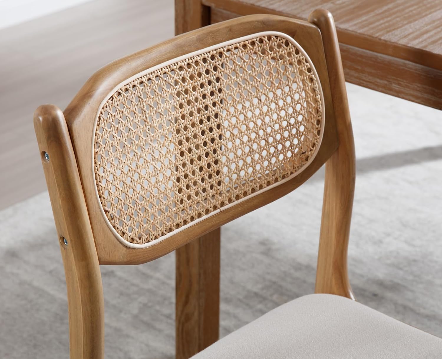 Modern Mid Century Wood Dining Room Chairs with Cane Back Upholstered Linen Kitchen Side Chairs