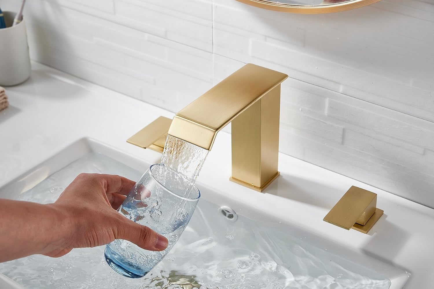 Bathroom Faucet 2 Handles 3 Hole Waterfall Brushed Gold Bathroom Faucets Widespread 8-16 inch Basin Sink Faucet Brass Lavatory Vanity with Pop Up Drain 2 Hot/Cold Supply Hoses Commercial Deck Mounted