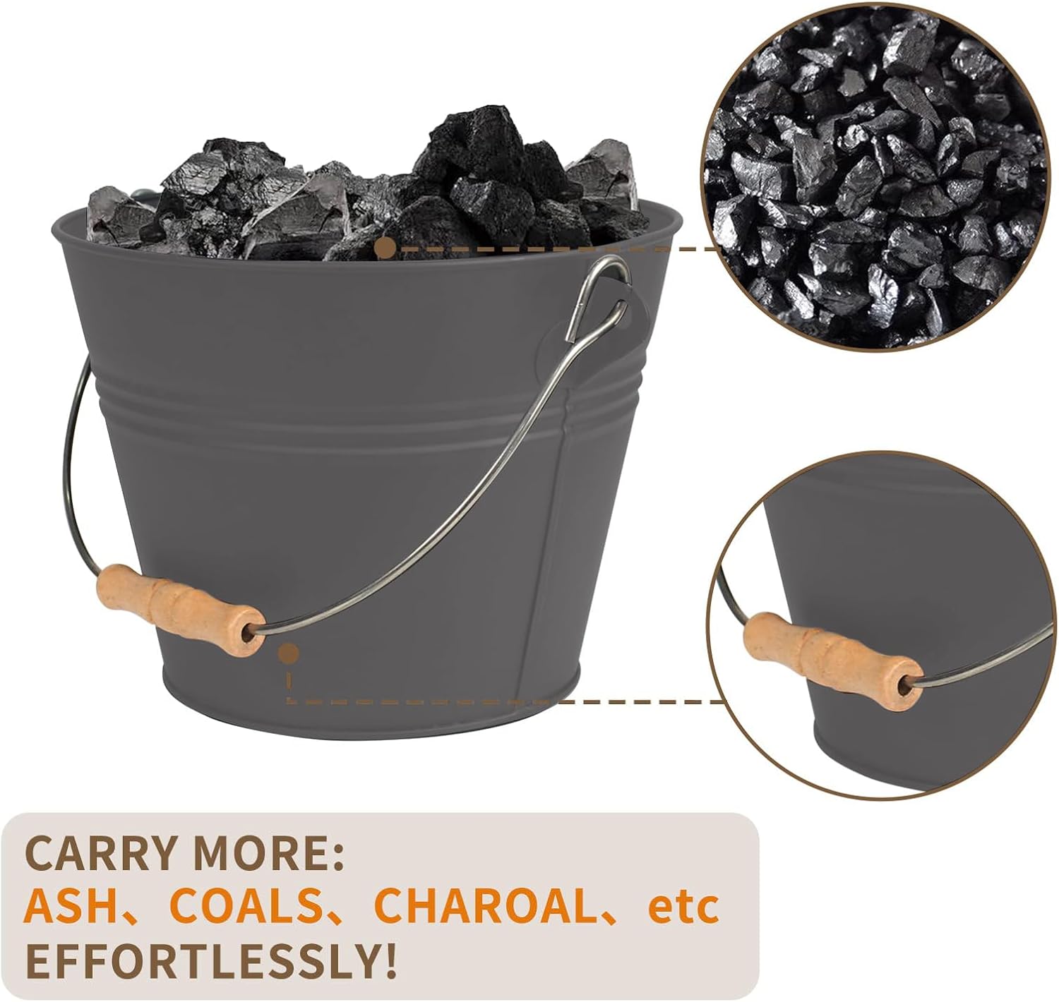 Ash Bucket with Lid, 1.3 Gallon Ash Bucket for Fireplace, Metal Fireplace Bucket for Ashes Includes Shovel and Hand Broom
