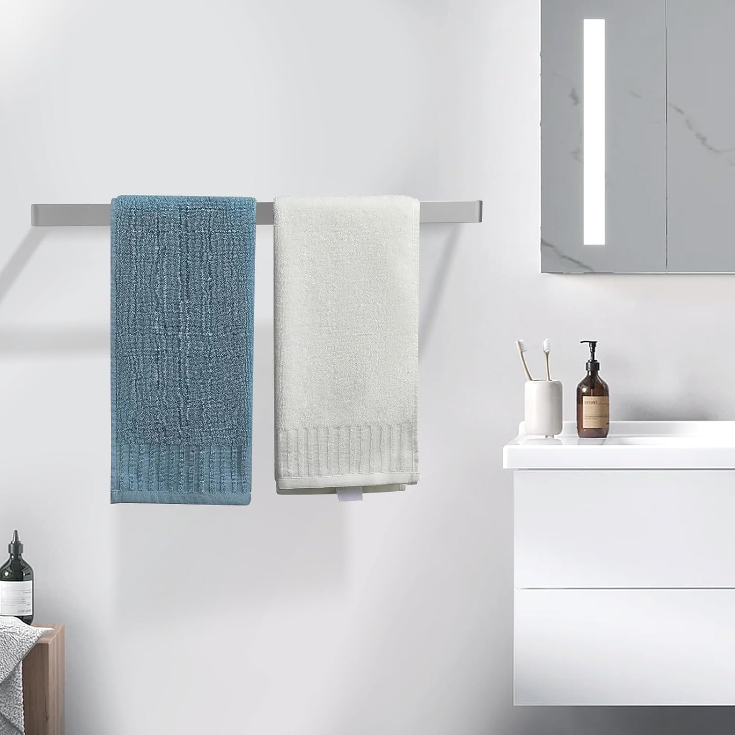 Bathroom Towel Bar Brushed Nickel, 23.6 Inch 304 Stainless Steel Bath Accessories Towel Rack Hanger, Bathroom Kitchen Square Hand Towel Holder Wall Mounted