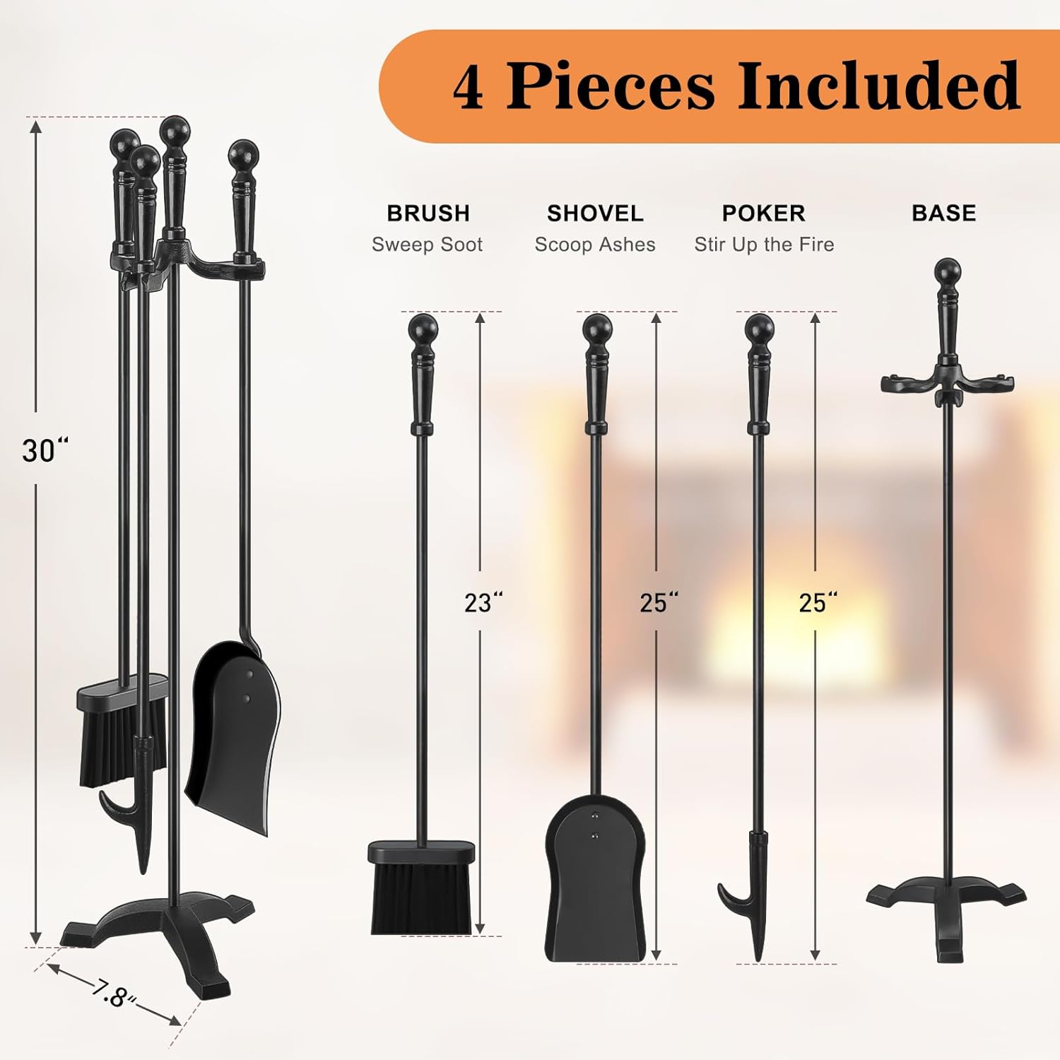 Fireplace Tools Set 4 Pcs 30 Inch Black Wrought Iron Large Fire Tool Set for Outdoor/Indoor Include Chimney Poker
