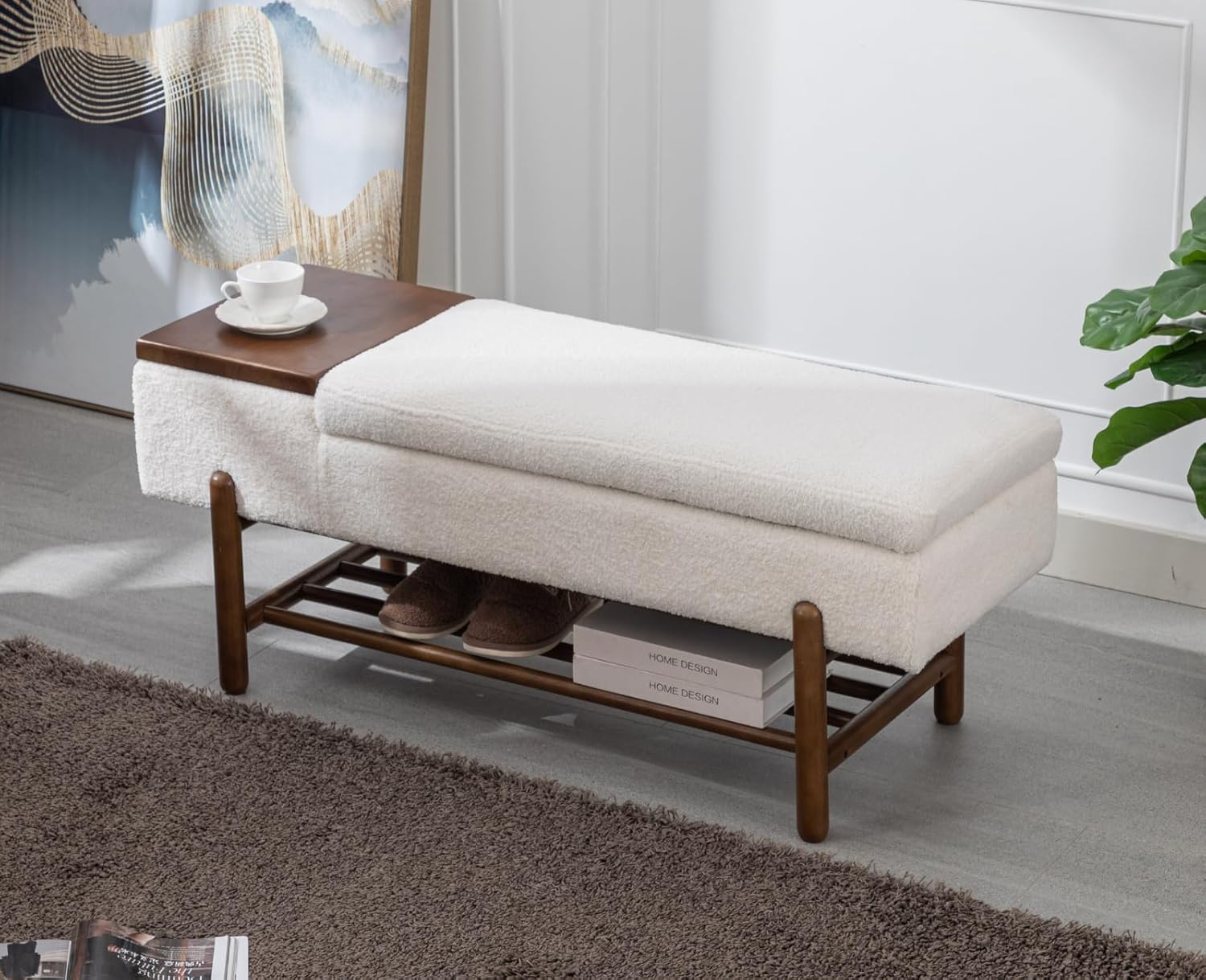 Modern Storage Bench for Bedroom End of Bed Sherpa Upholstered Ottoman Bench with Storage and Wood Shoe Rack Farmhouse Long Seating Bench