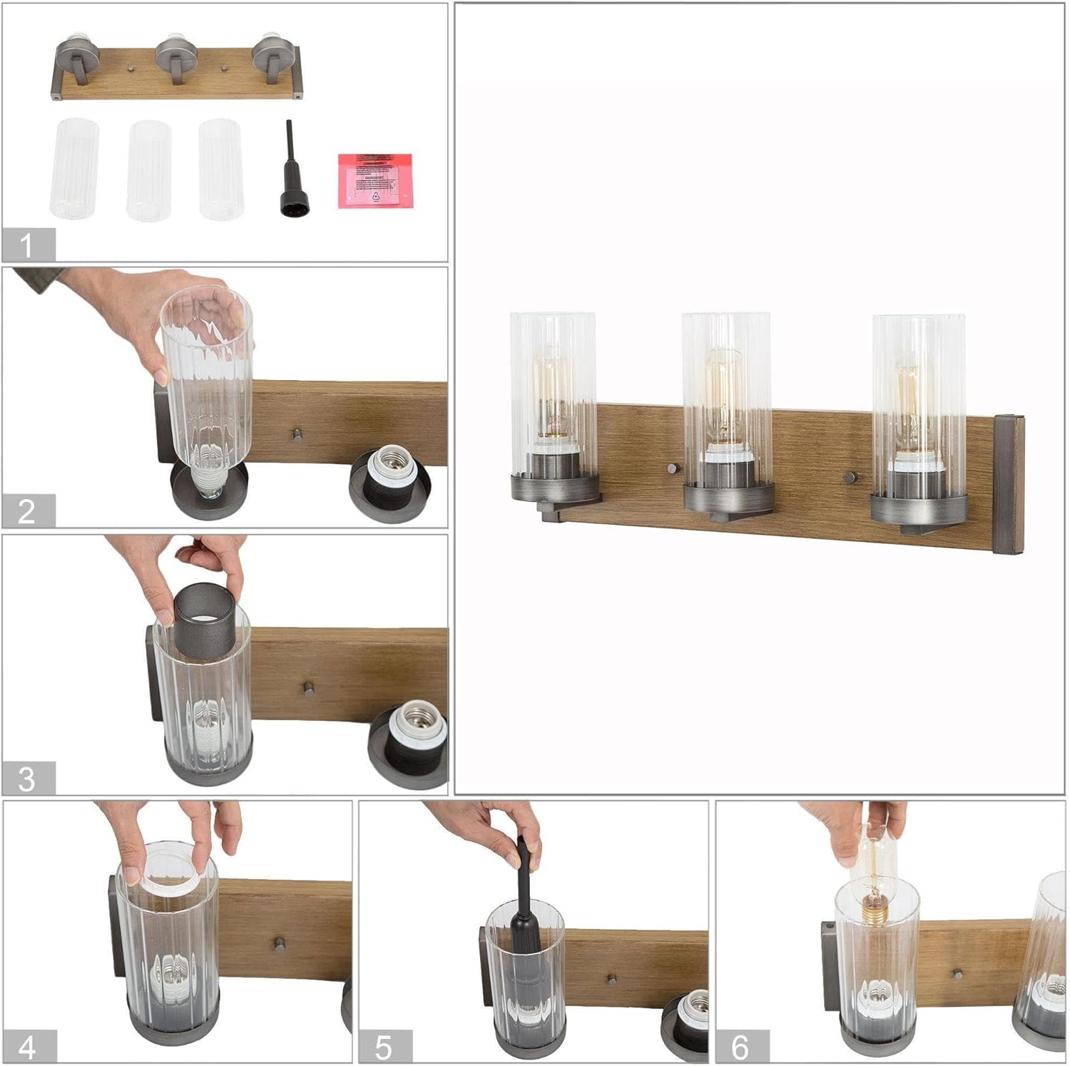 3 Light Farmhouse Vanity Lights for Bathroom with Clear Textured Glass Lampshade