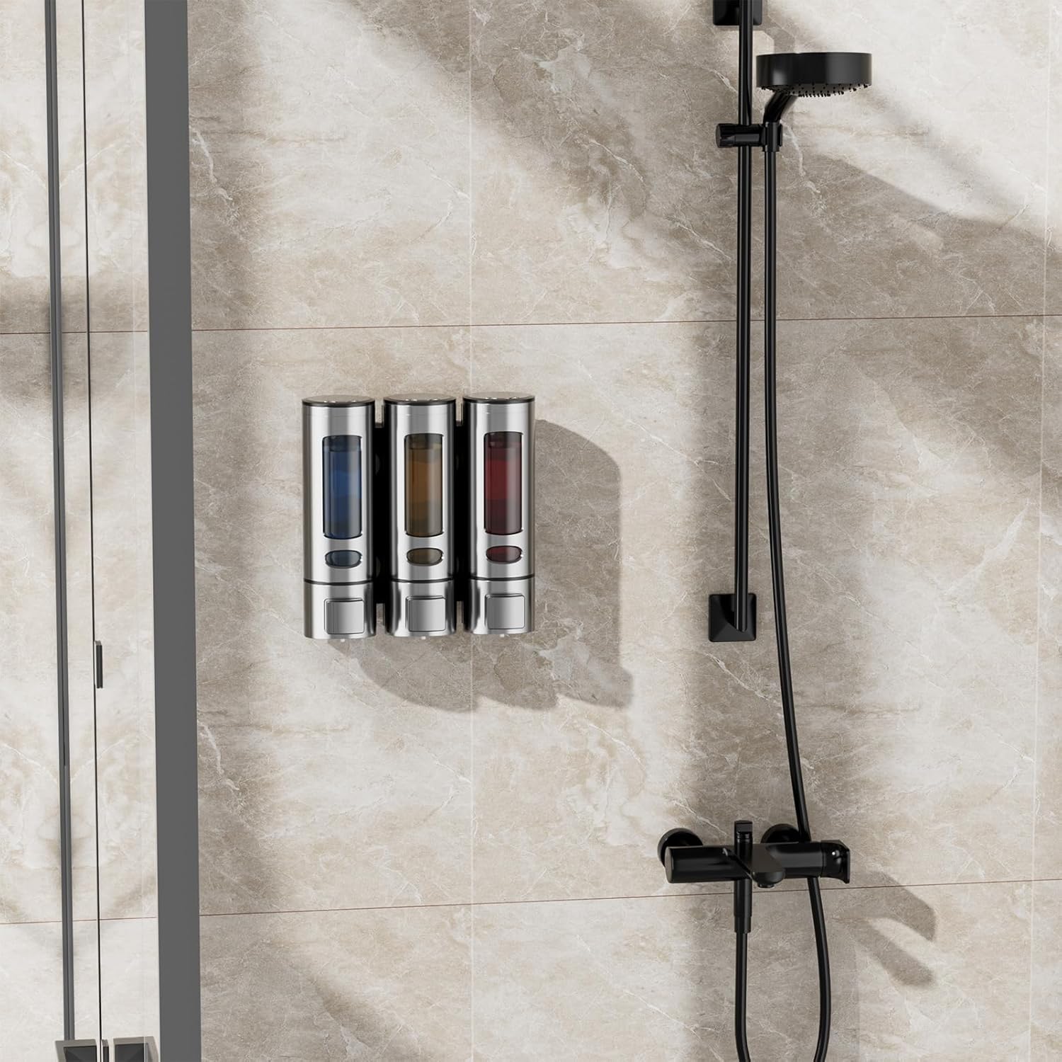 Shampoo and Conditioner Dispenser for Shower, Bathroom Shower Shampoo Soap Dispenser 3 Chamber No Drill, Refillable 10.2 OZ Body Wash Dispenser Bottles Wall Mounted Set, Silver