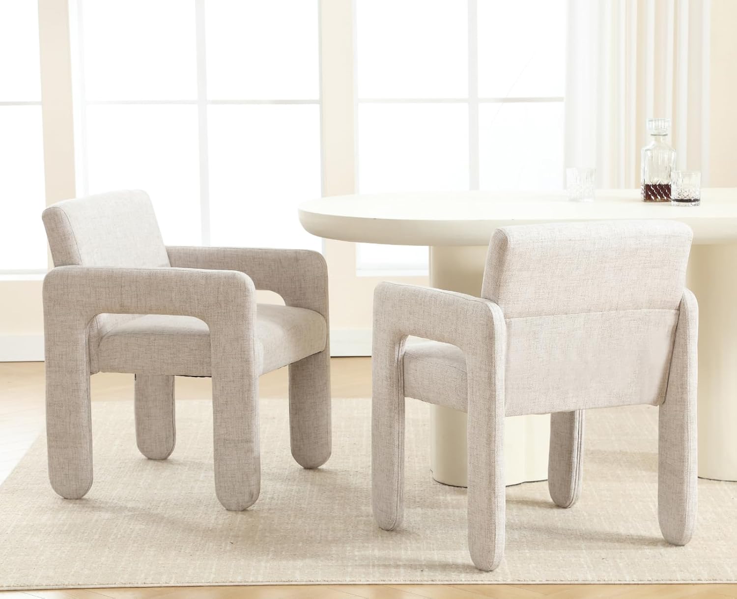 Linen Accent Chairs Upholstered Fabric Dining Room Chairs with Arms Comfy Kitchen Side Armchair