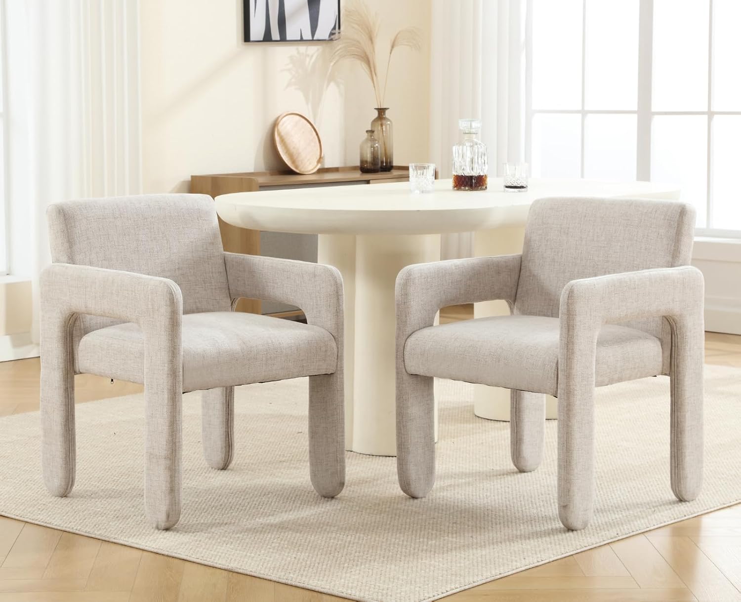 Linen Accent Chairs Upholstered Fabric Dining Room Chairs with Arms Comfy Kitchen Side Armchair