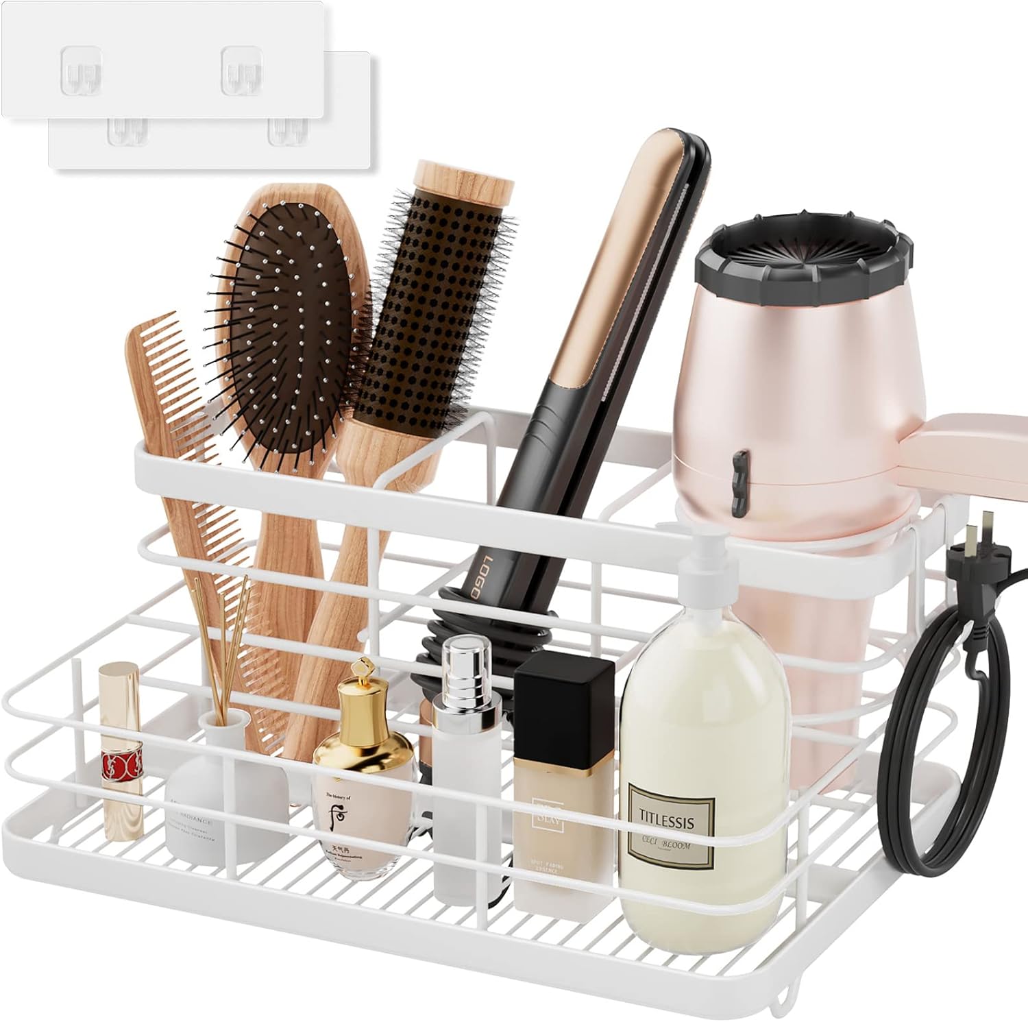 Metal Hair Tool Organizer Wall Mounted, Hair Dryer Holder Basket Storage, Bathroom Sink Organizer Countertop for Vanity Makeup Brush/Hair Straightener/Styling Tools, White, Stand