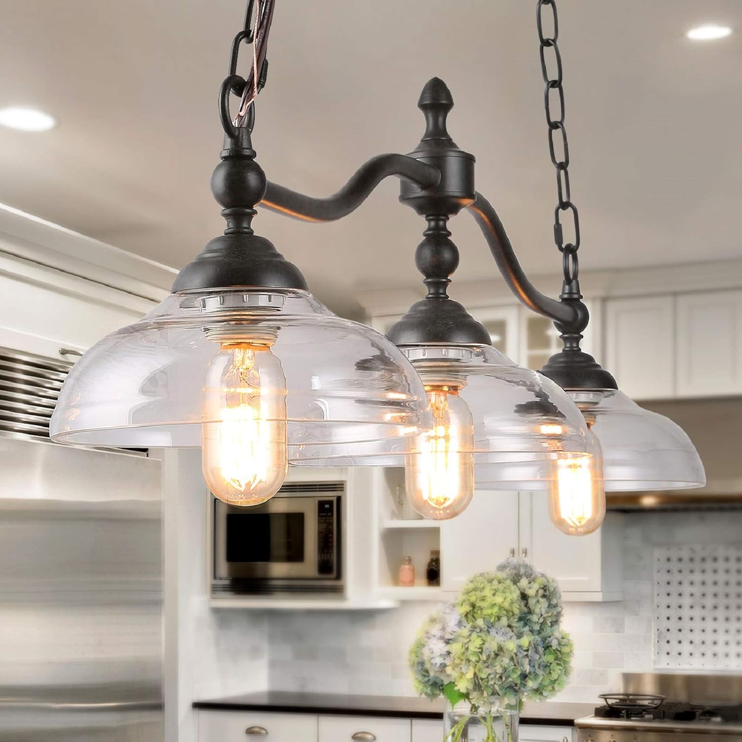 Dining Room Light Fixture Hanging with Seeded Glass Shades and Imitation Electroplated Copper Craft for Kitchen Island