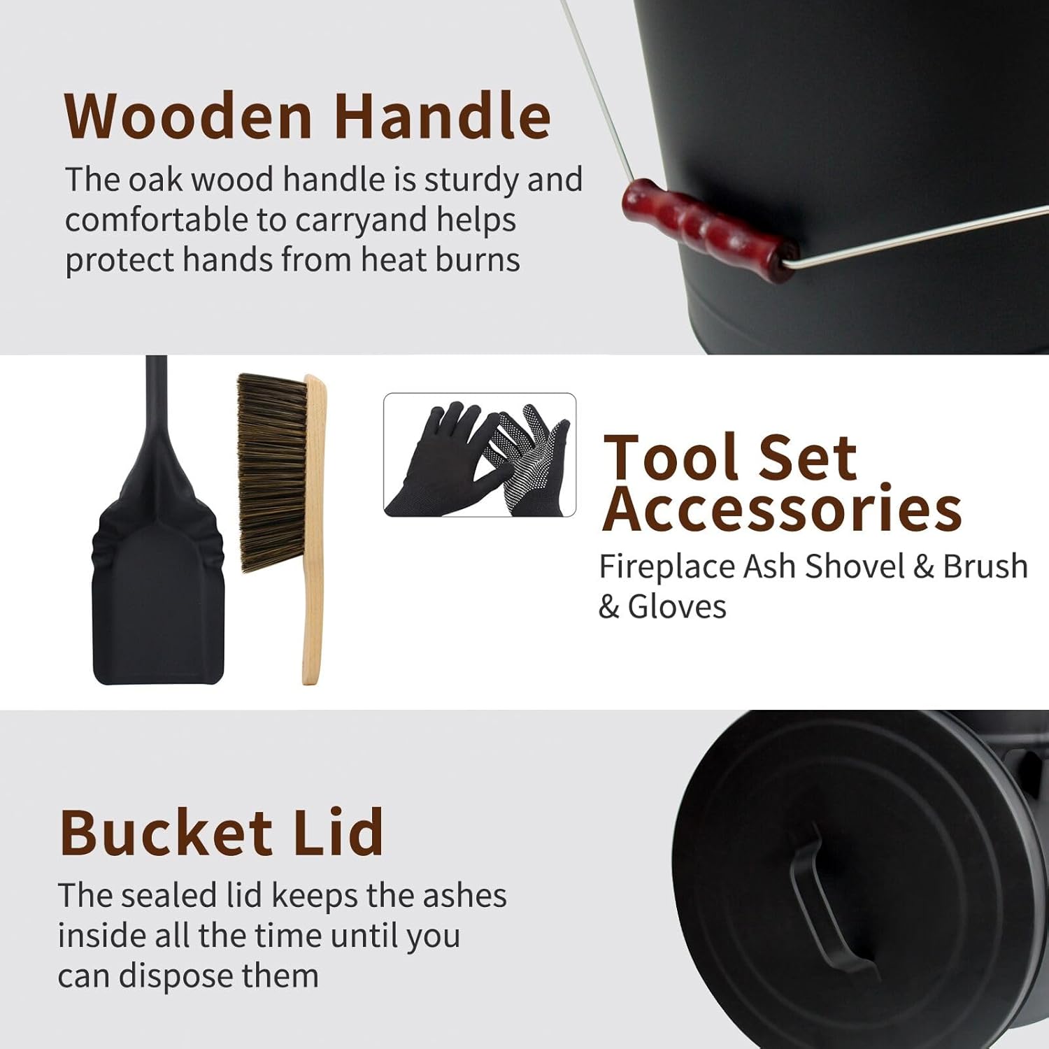 Ash Bucket with Lid and Shovel, 5.2 Gallon Ash Bucket for Fireplace, Metal Bucket Includes Hand Broom and Gloves for Fire Pit