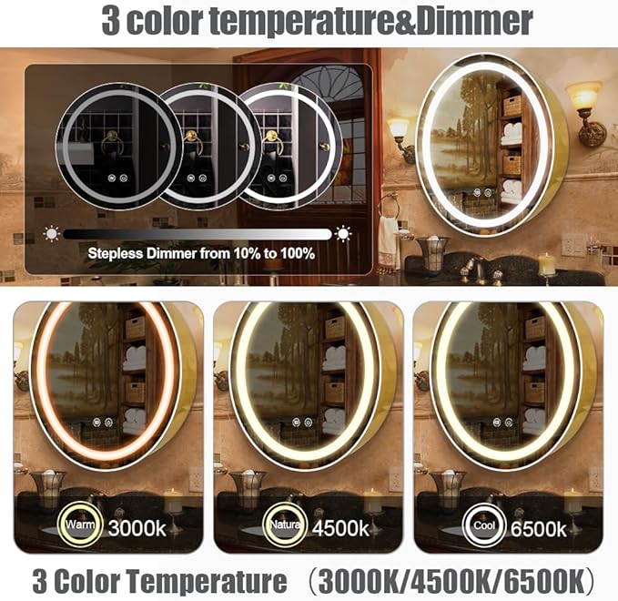 30 inch Round Medicine Cabinet with Lights,Led Medicine Cabinet with Defogger,Illuminated Mirror Cabinet for Bathroom,Dimmable,Defogger,3 Color Temperature 3000k-6500k Gold