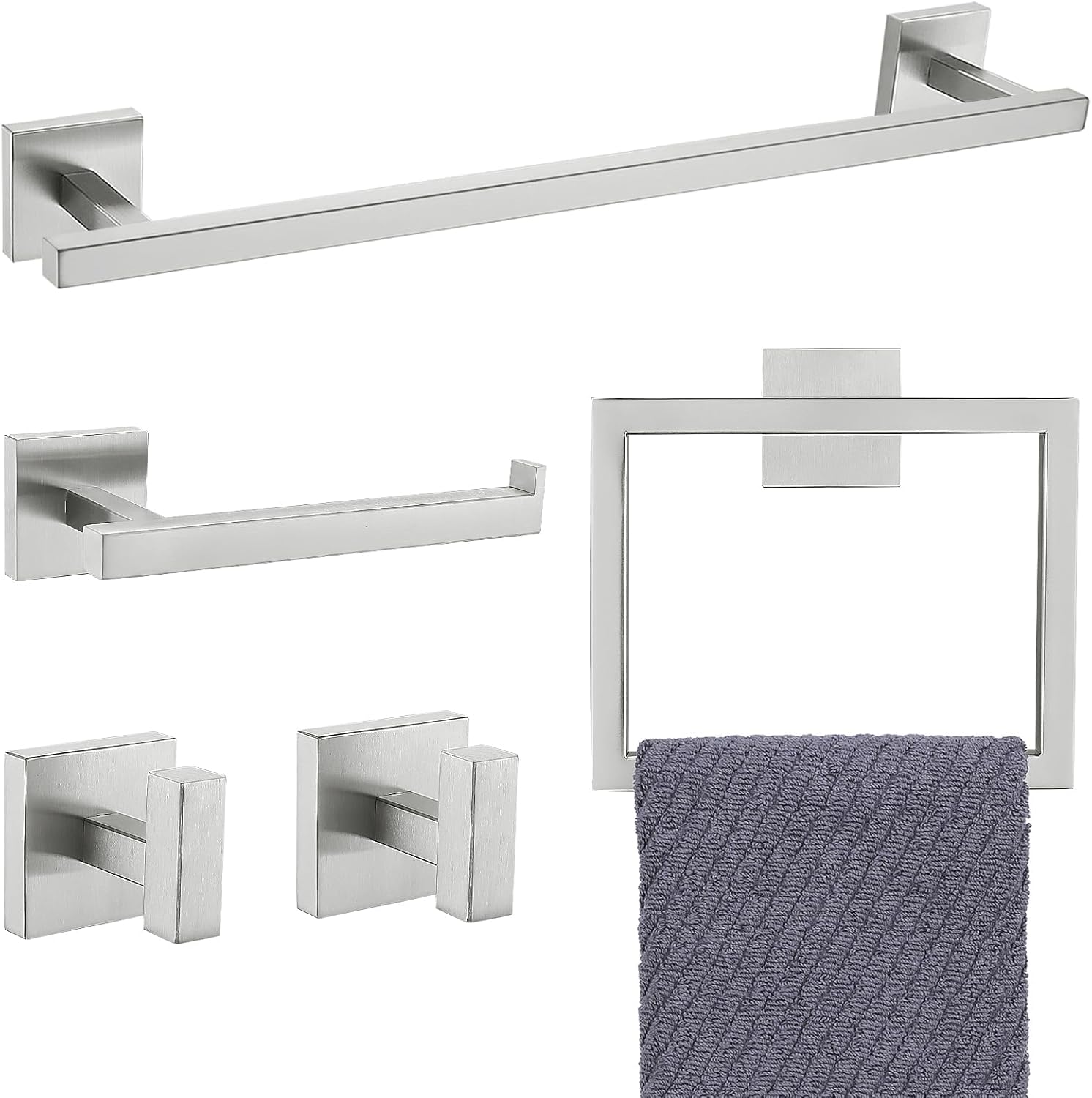 Towel Bar Set, 5 Pieces Bathroom Hardware Set Brushed Nickel Bathroom Accessories, SUS304 Stainless Steel Towel Racks Holder Set Wall Mounted 23.6 Inch