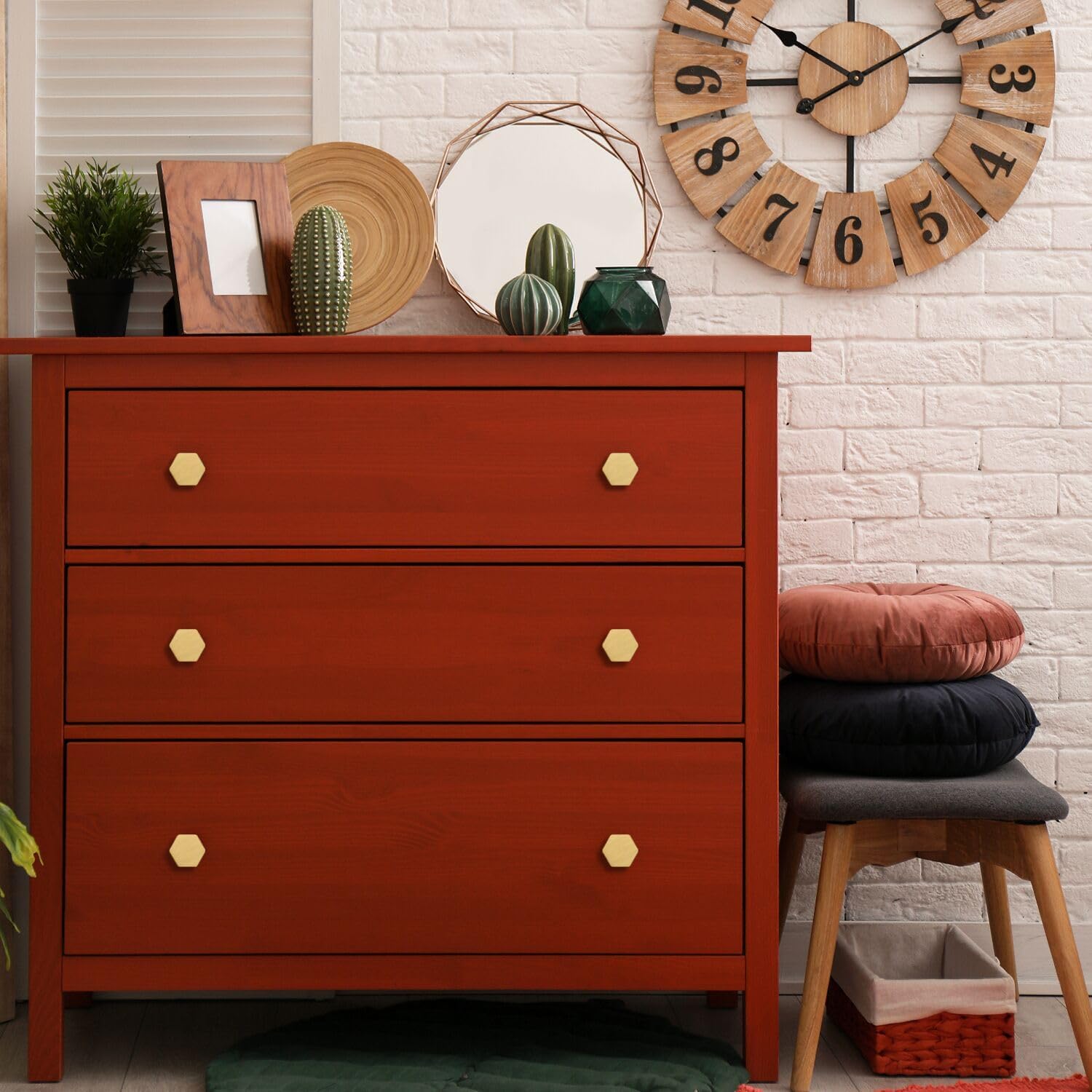 1-1/10" Solid Brass Knobs Shoe Cabinets Knob and Pulls Brushed Gold Hexagon Handles for Dresser Drawer (8Pcs)