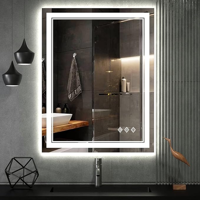 LED Bathroom Mirror, 24x32 Inch Gradient Front and Backlit LED Mirror for Bathroom, 3 Colors Dimmable CRI>90 Double Lights, IP54 Enhanced Anti-Fog, Hanging Plates Lighted Vanity Mirror