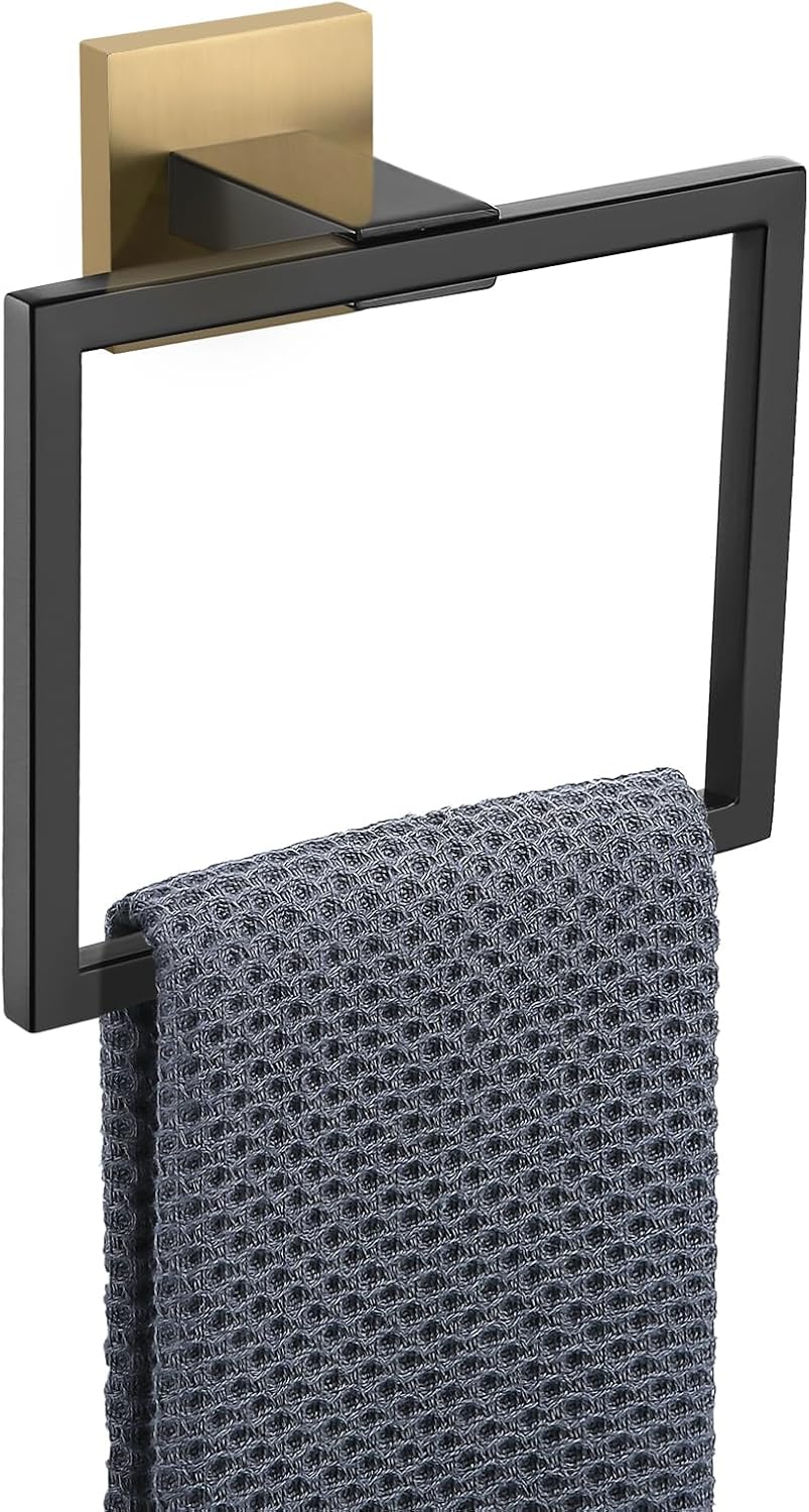 Towel Holder Bathroom Towel Ring, Black & Gold Hand Towel Bar, Stainless Steel Towel Rack Wall Mounted, Square Towel Hanger for Kitchen Lavatory
