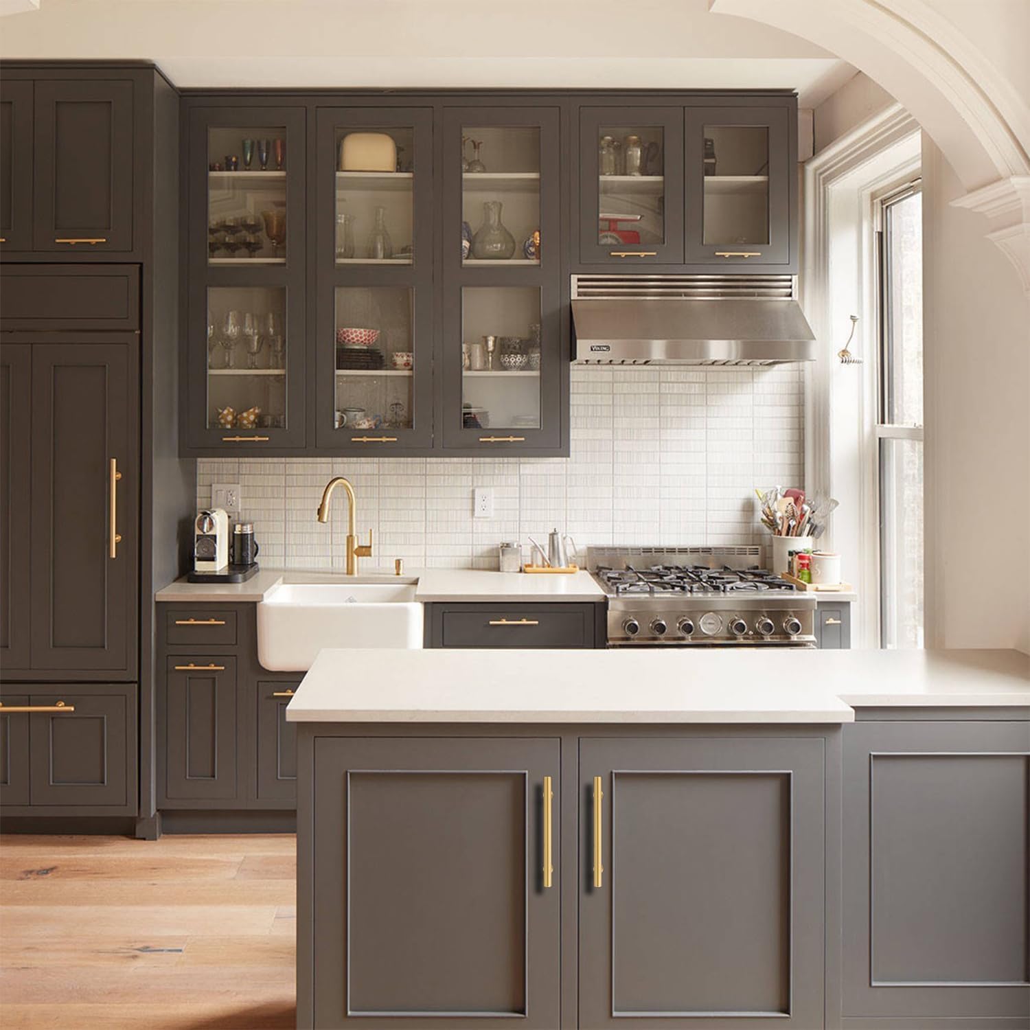 5 Inch Kitchen Cabinet Handles Solid Brass Cabinet Pulls Round Bar Handles Brushed Gold Dresser Drawer Pulls Hardware 4 Pack