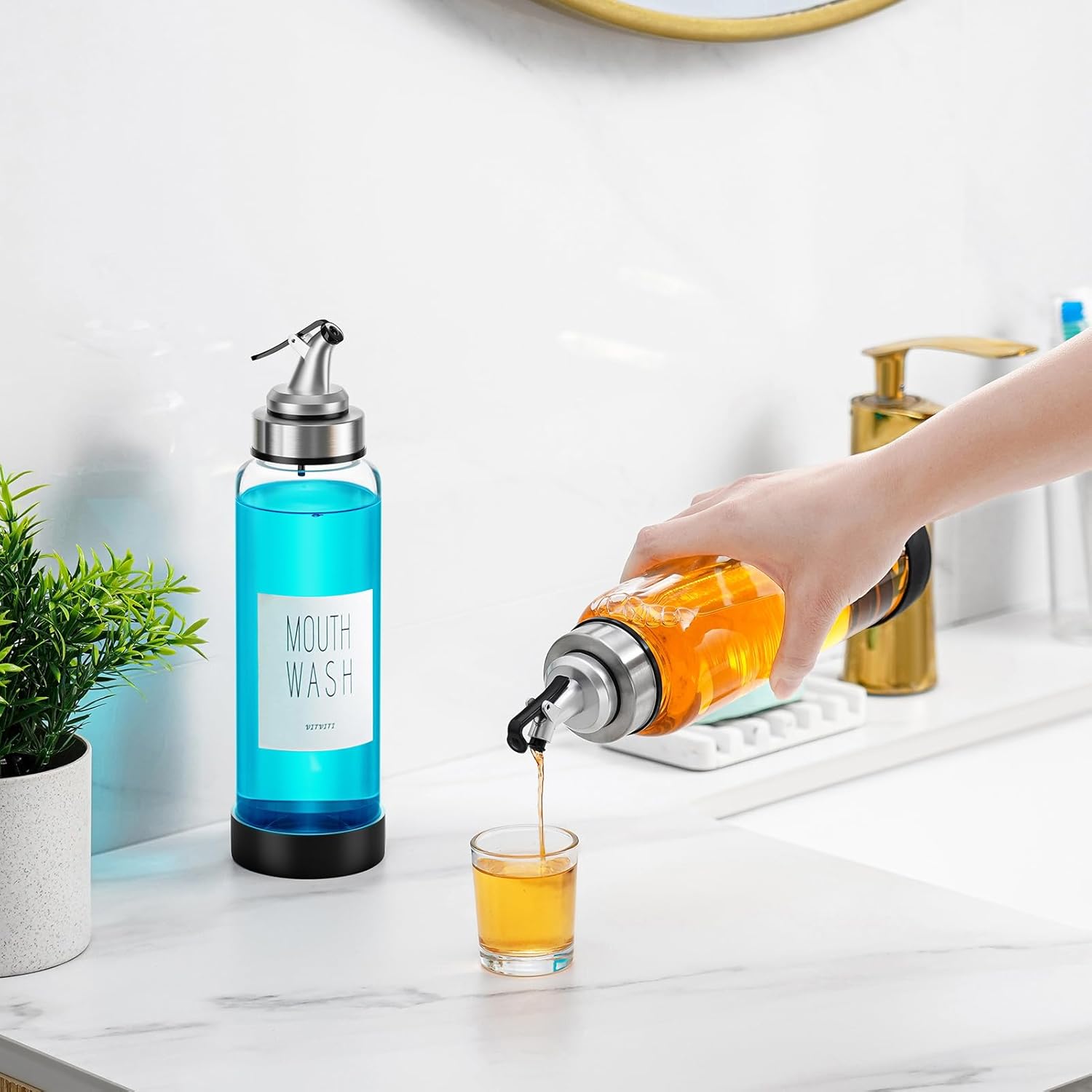 Mouthwash Dispenser for Bathroom, Glass Mouth Wash Container with 2 Glass Cups, Press Lid 17OZ Clear Refillable Mouthwash Bottle Decanter with Silicone Pad/Labels, Set of 2