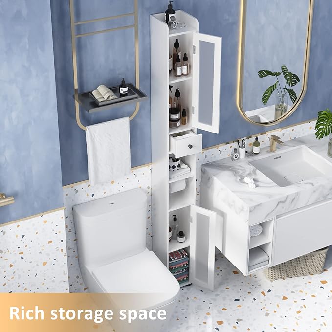 Bathroom Storage Cabinet with 2 Frosted Glass Doors, Tall Narrow Cabinet with Doors and Shelves Adjustable, Slim Cabinet for Small Spaces