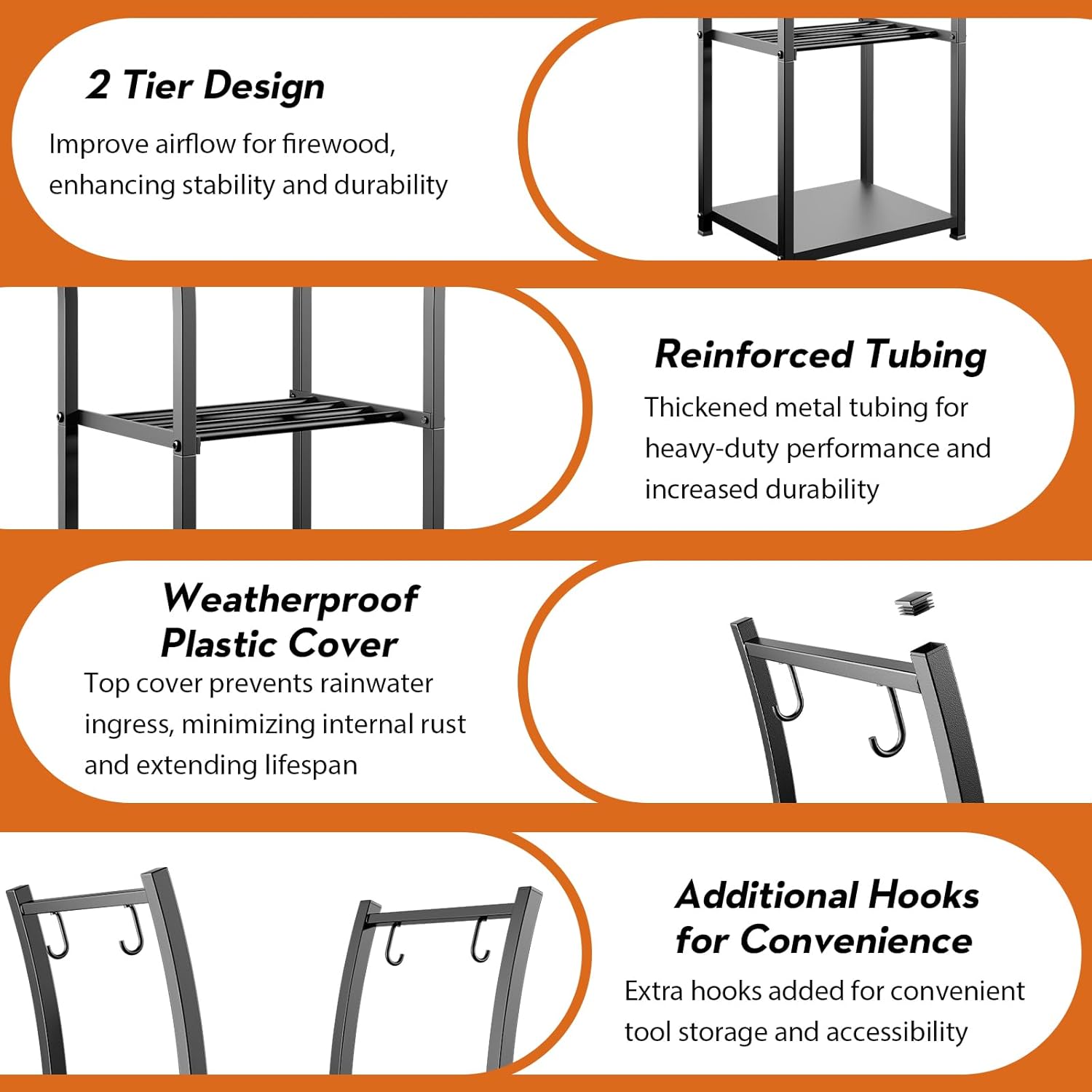 2 Tiers Indoor Firewood Rack with 4 Hooks - Portable Outdoor Firewood Rack, Heavy Duty Log Rack Wood Holder