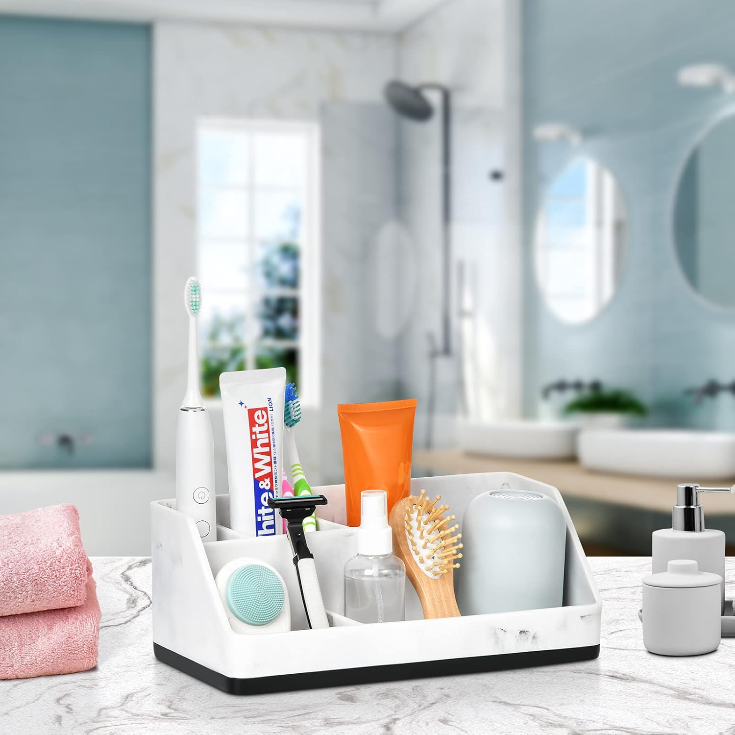 Toothbrush Holder for Bathroom, Bathroom Organizer Countertop, Bathroom Accessories with 5 Compartment Storage for Toothpaste/Vanity Counter