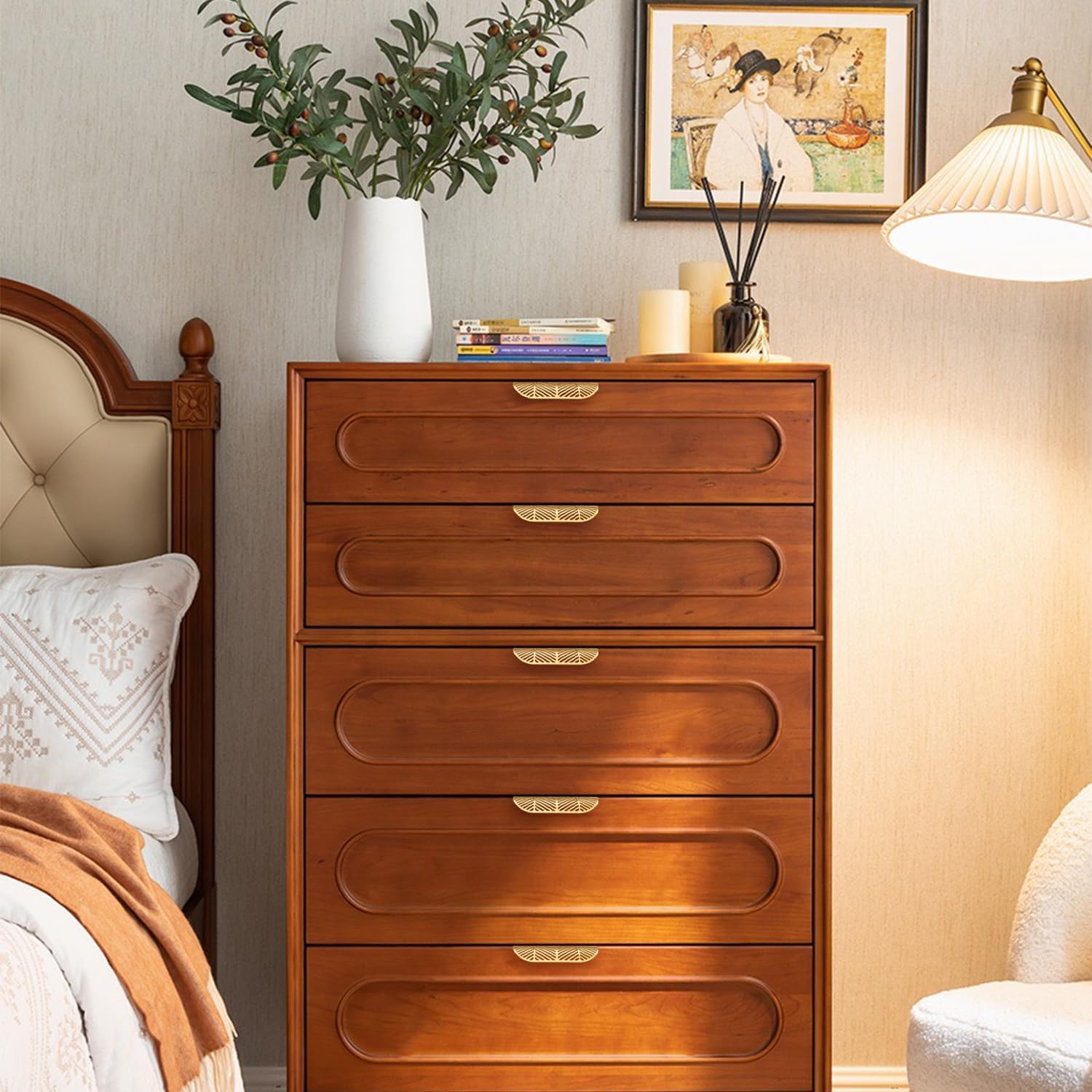 Solid Brass Cabinet Handles Brushed Gold Leaf Knobs and Pulls for Dresser Drawer Handles Edge Pulls,4-5/8"(117mm) Overall Length,4Pcs