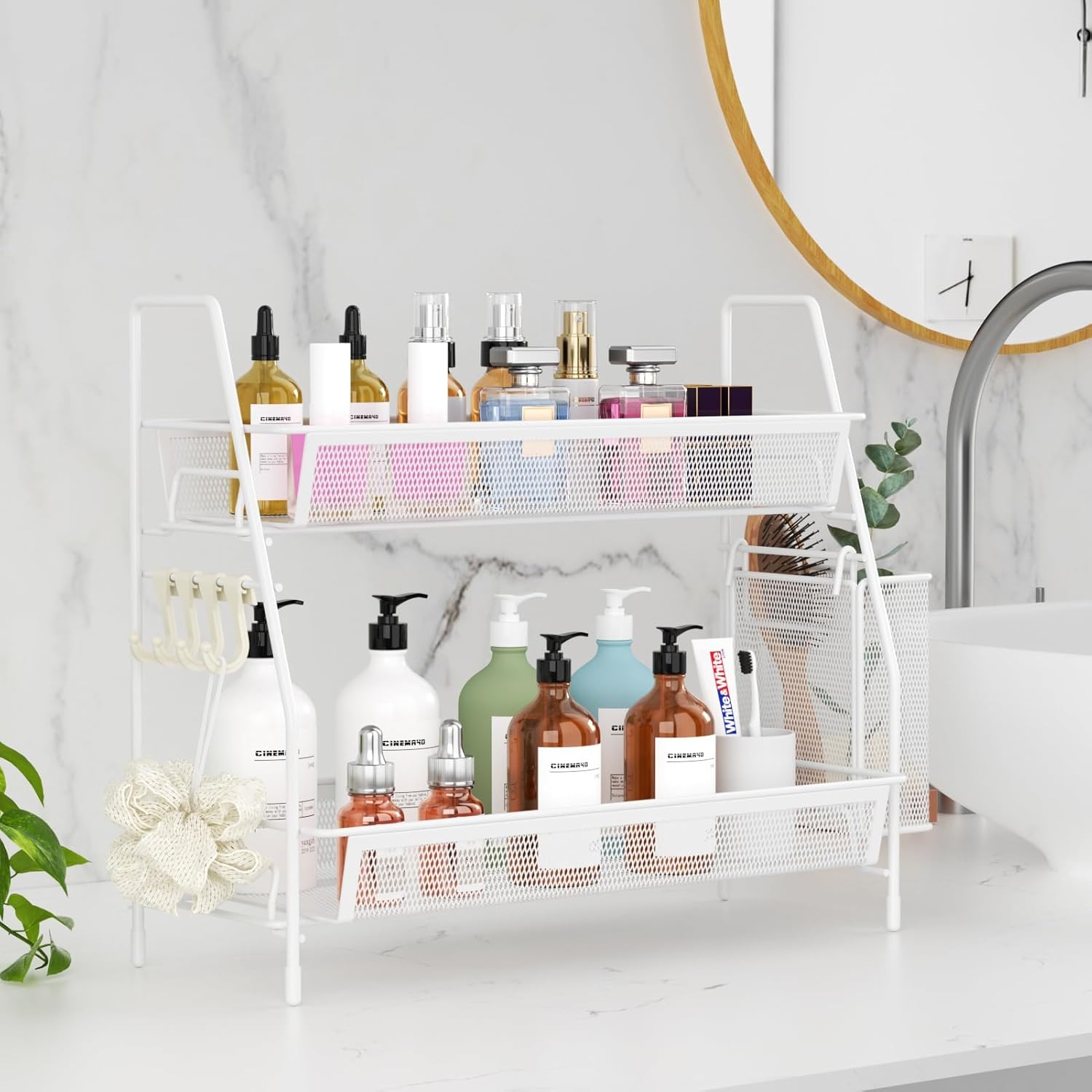 2-Tier Bathroom Organizer Countertop, Metal Wire Mesh Bathroom Counter Organizer Storage with Basket Hooks, Vanity Tray Shelf, Kitchen Spice Rack, White