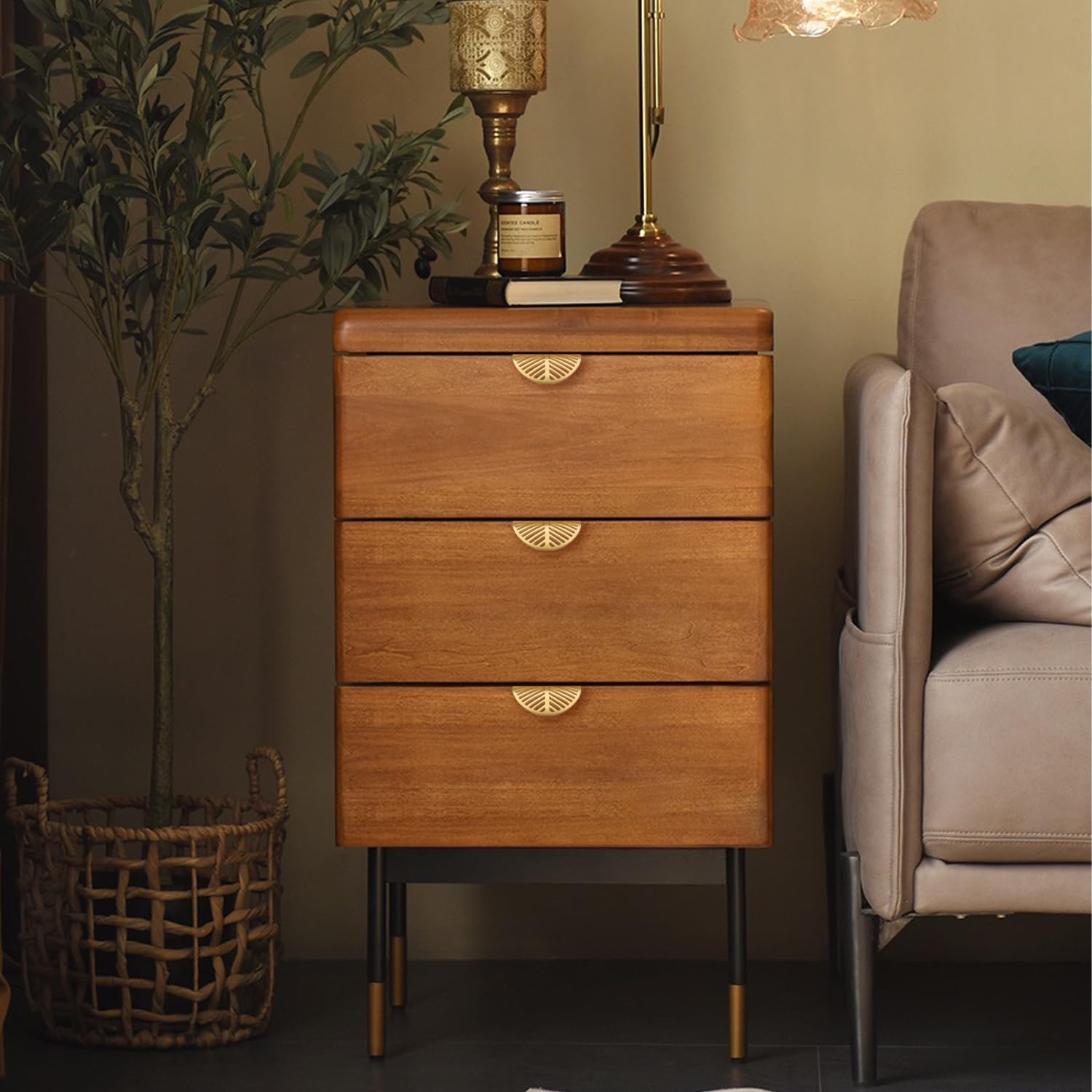 Solid Brass Edge Pulls for Cabinets Brushed Gold Leaf Knobs and Pulls for Dresser Drawers (2, Overall Length:2-3/8"(60mm))