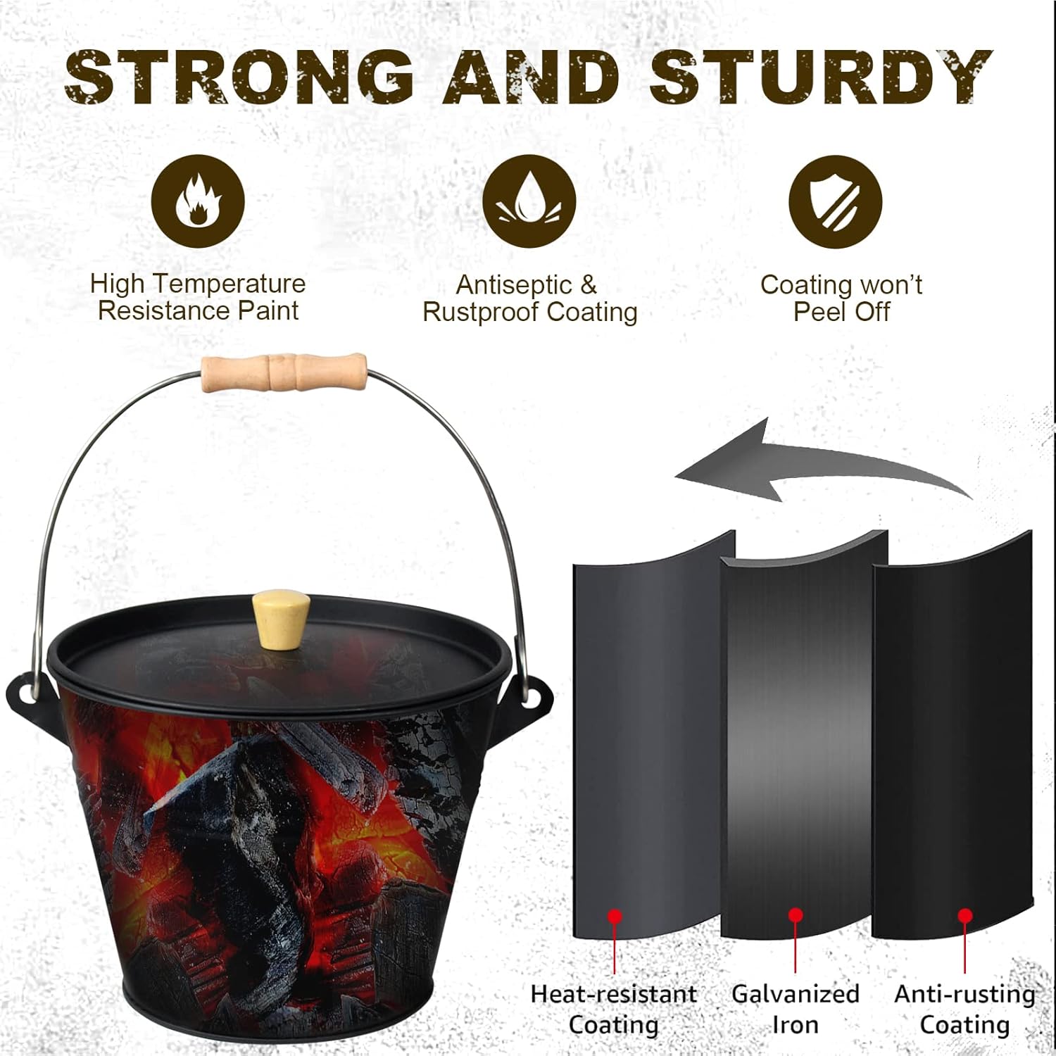 Ash Bucket with Lid, 1.3 Gallon Ash Bucket for Fireplace, Metal Fireplace Bucket for Ashes Includes Shovel