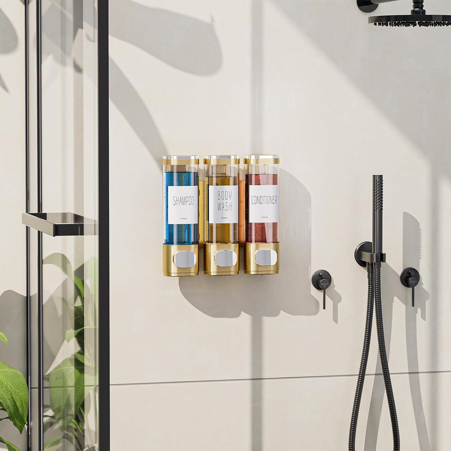 Shampoo and Conditioner Dispenser for Shower Wall, Shower Soap Dispenser 3 Chamber No Drill Wall Mounted, 10.2 OZ Plastic Refillable Shower/Body Wash Bottles for Bathroom (Glod)