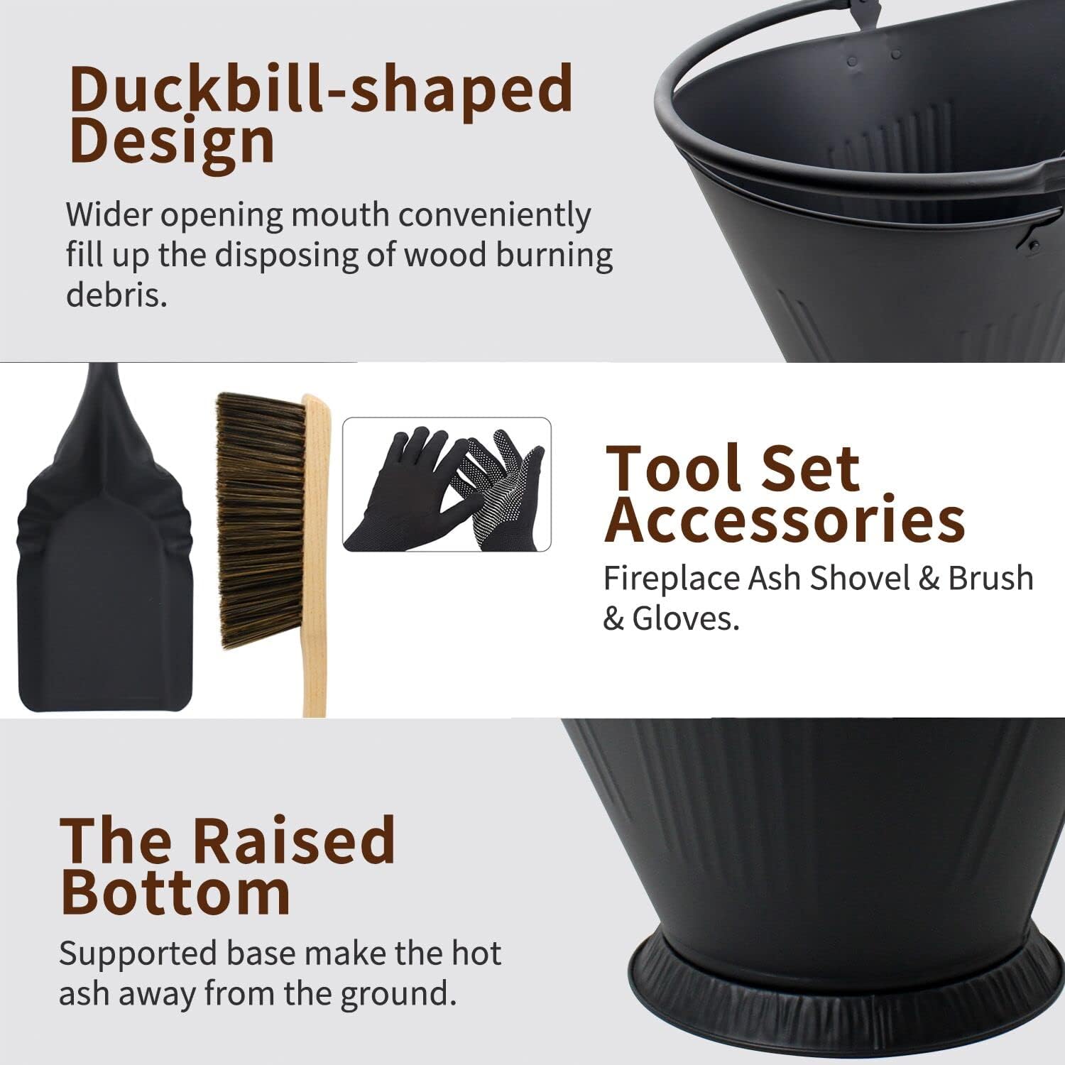 Ash Bucket for Fireplace, 3.2 Gallon Metal Fireplace Ash Bucket for Wood Stove, Includes Shovel, Broom and Gloves Indoor & Outdoor