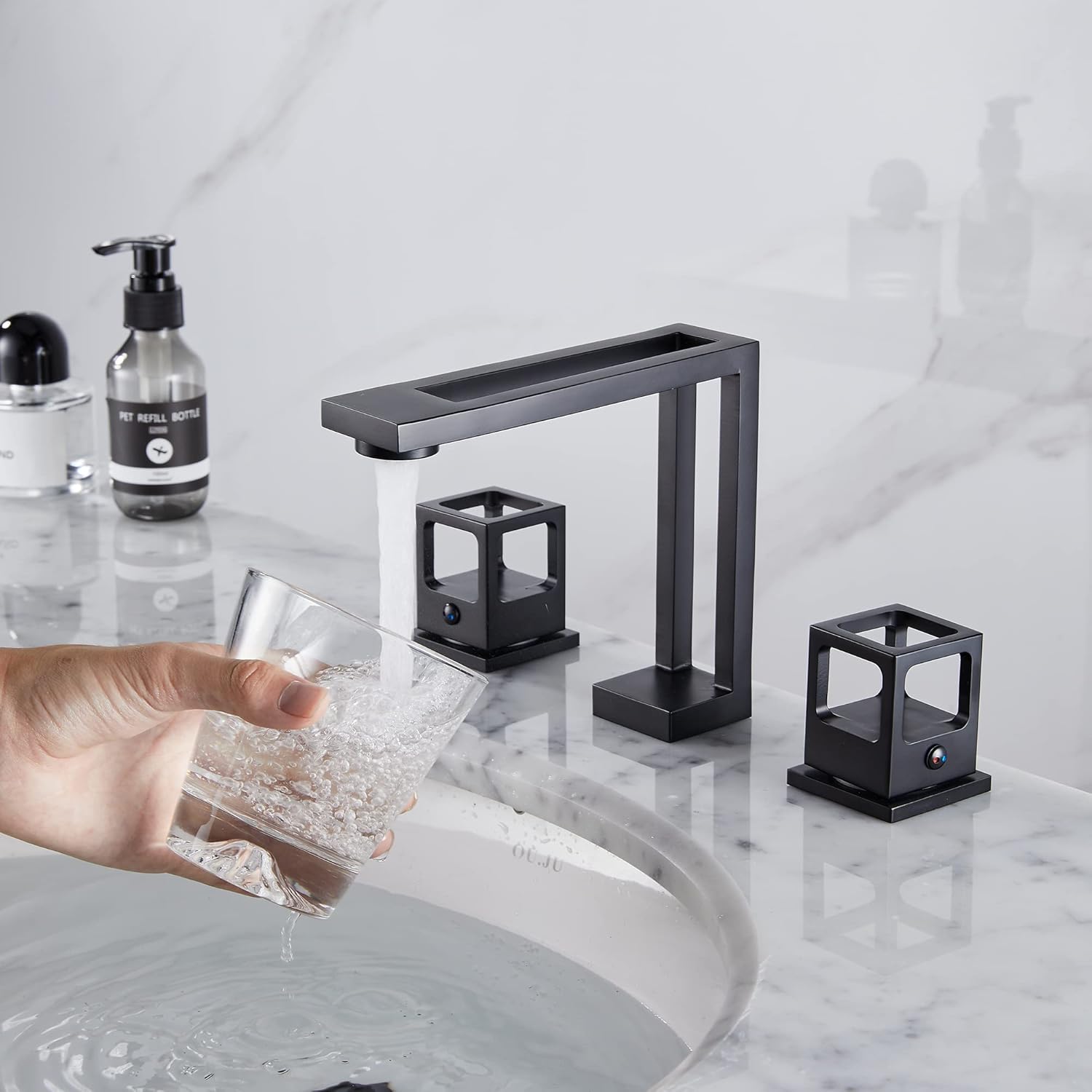 Bathroom Sink Faucet Widespread Black Bathroom Faucet 3 Hole 2 Handles Faucet for Bath Sink Hollow Out Design Modern Vanity with Water Supply Lines Bathtub 8-16inch Mixer Tap