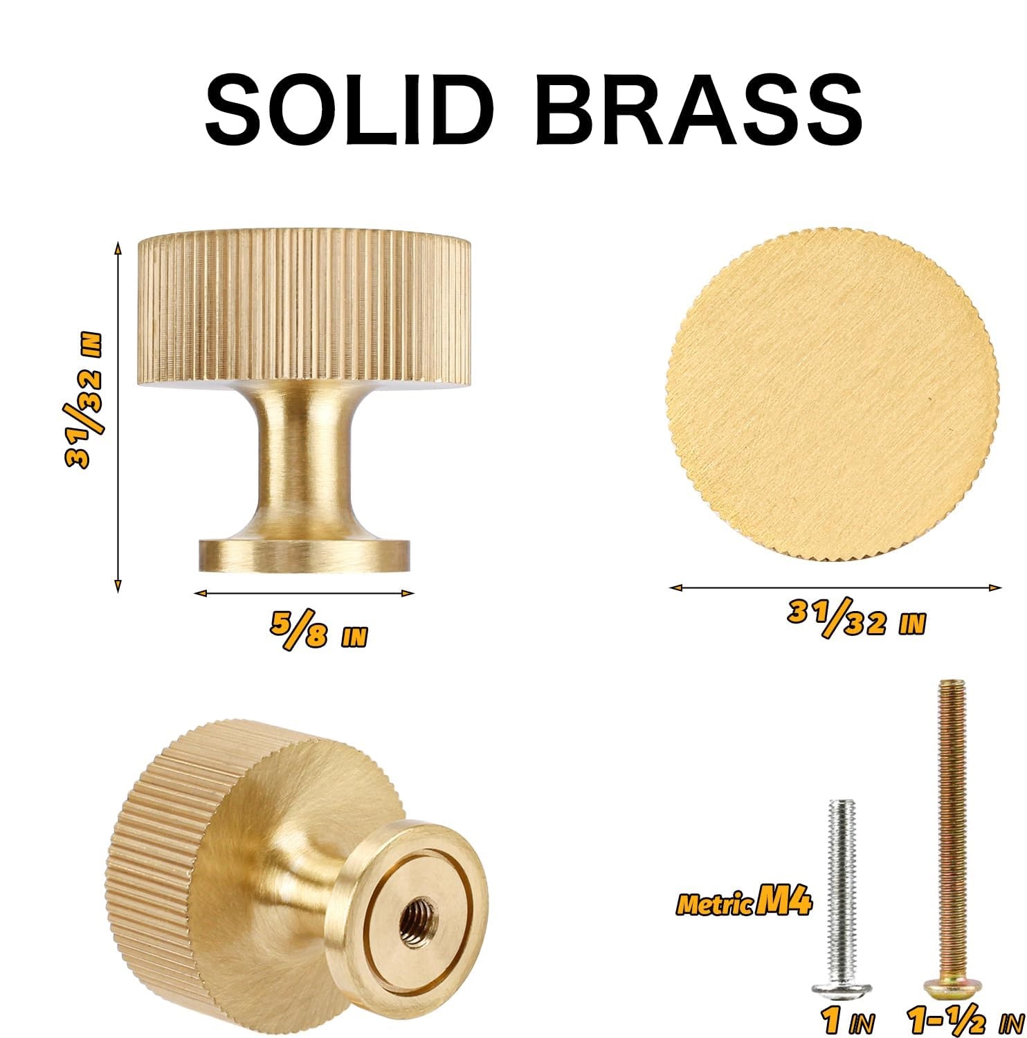 4pcs Solid Brass Cabinet Knobs Pulls Cabinet Drawer Dresser Gold Knobs Modern Handles Knobs(1"x1"/25mmx25mm),Brushed Brass Finish