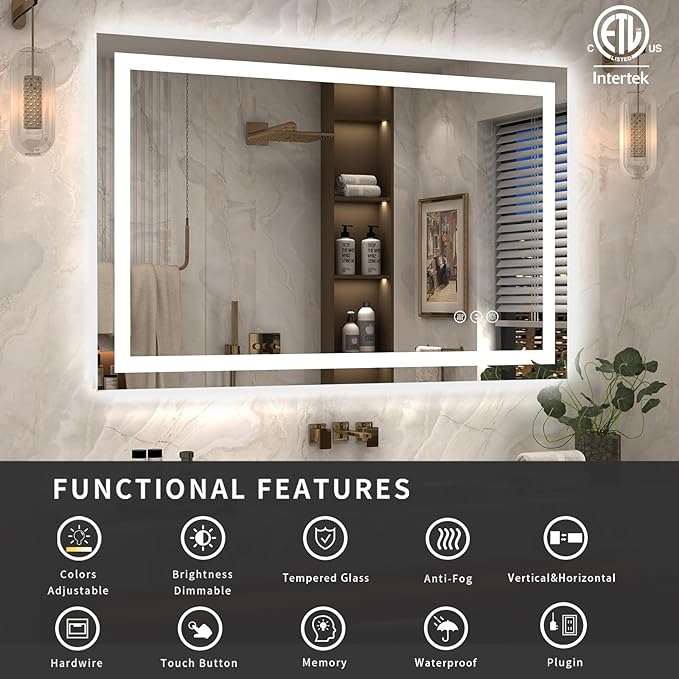 44x36 LED Lighted Mirror for Bathroom Wall Mounted, Dimmable Vanity Mirror with Lights, Anti-Fog, ETL Listed