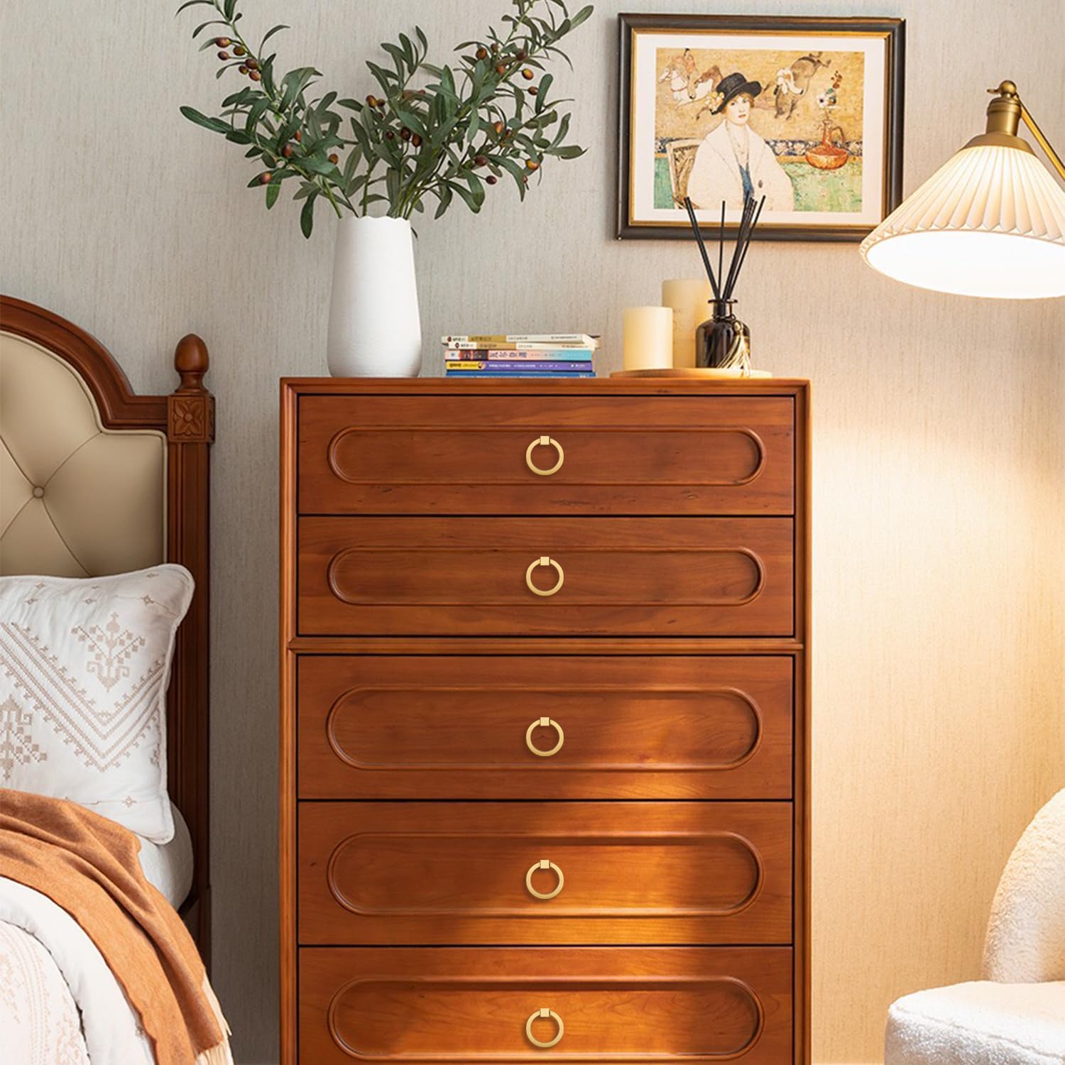 10Pcs 2.0" x 1-7/8" Solid Brass Pulls for Dresser Drawer Ring Pulls Furniture Hardware Brushed Gold Wardrobe Door Handles