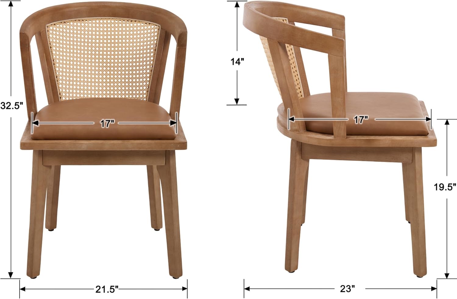 Modern Farmhouse Wooden Dining Room Chairs with Cane Curved Back Leather Upholstered Comfortable Kitchen Side Chairs for Restaurant