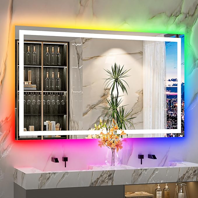 60x36 Inch RGB LED Bathroom Mirror Front Light and RGB Backlit Lighted Vanity Mirror