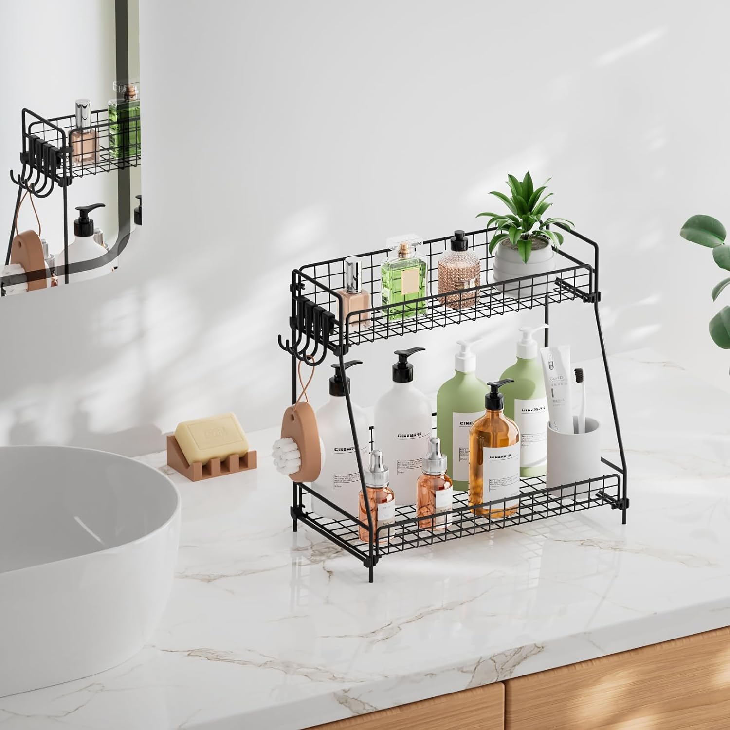 2 Tier Bathroom Organizer Countertop, Metal Wire Bathroom Counter Organizer Storage with Hooks, Vanity Tray Shelf, Kitchen Spice Rack, Black