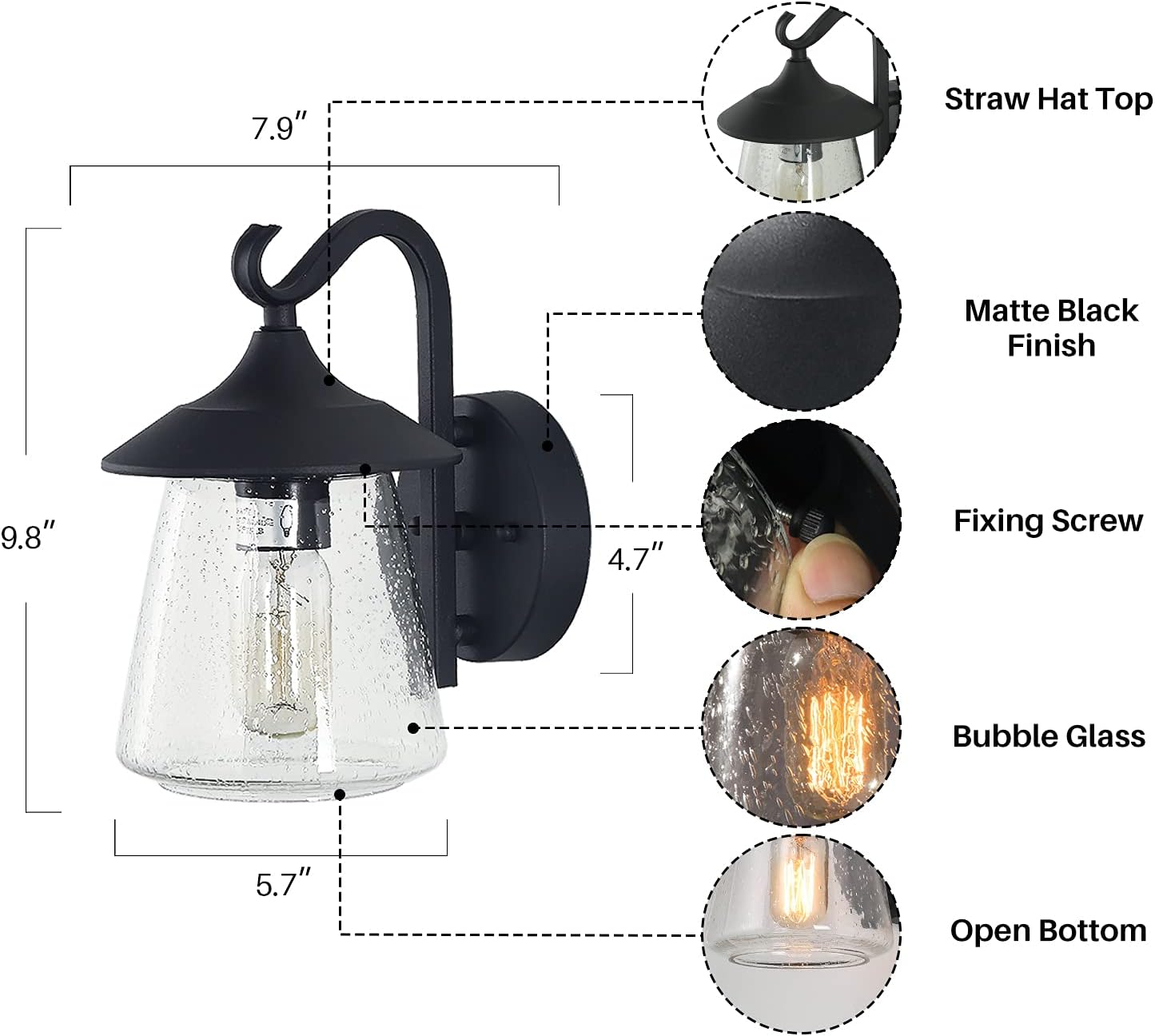 Outdoor Wall Light，Farmhouse Exterior Lantern in Black with Seeded Glass