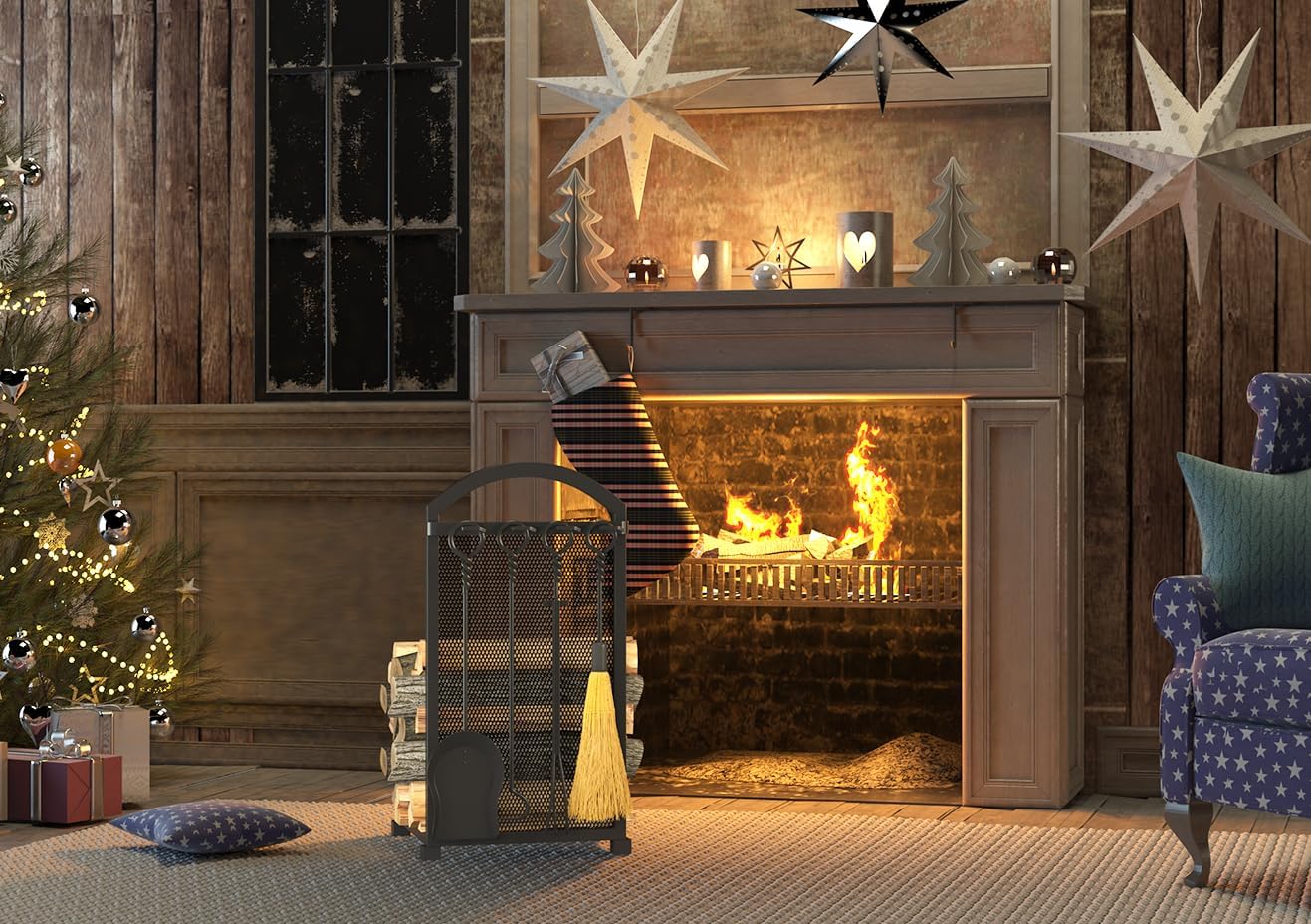 Fireplace Log holder with Fireplace Tools, Wrought Iron Indoor Stove Accessories Firewood Rack Holder Lumber Storage Stacking Log Holder