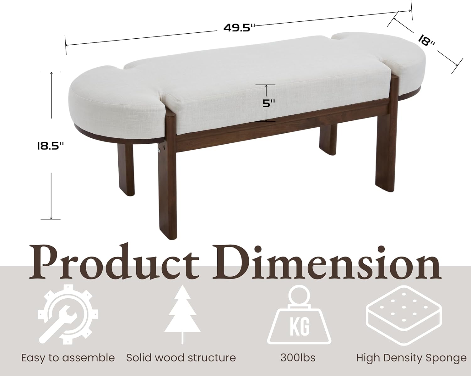 49 Inch Modern Bedroom Bench Upholstered End of Bed Bench Wood Entryway Bench with Fabric Padded Seat and Wooden Legs Window Bench