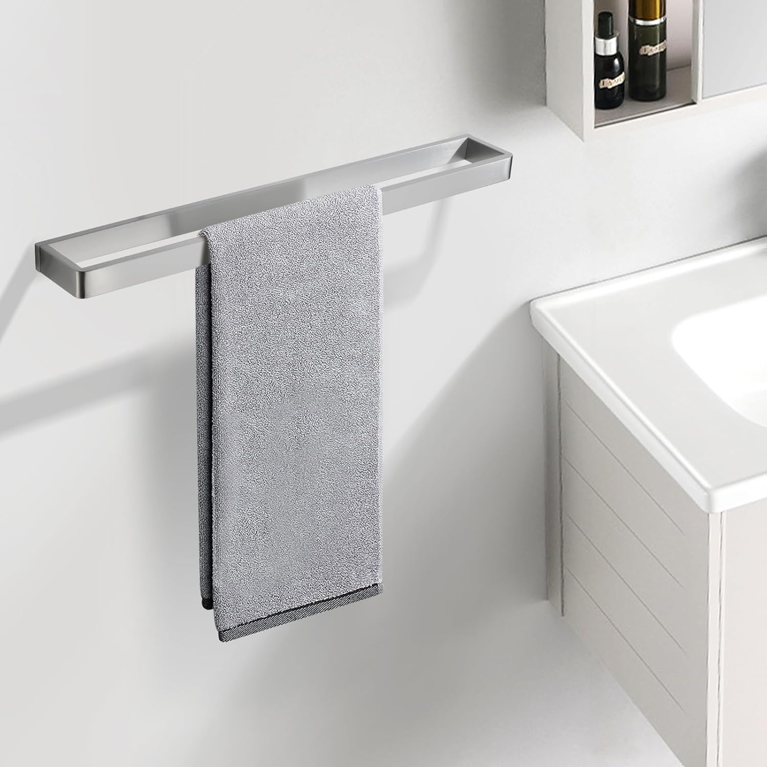 Bathroom Towel Bar Brushed Nickel, 23.6 Inch 304 Stainless Steel Bath Accessories Towel Rack Hanger, Bathroom Kitchen Square Hand Towel Holder Wall Mounted