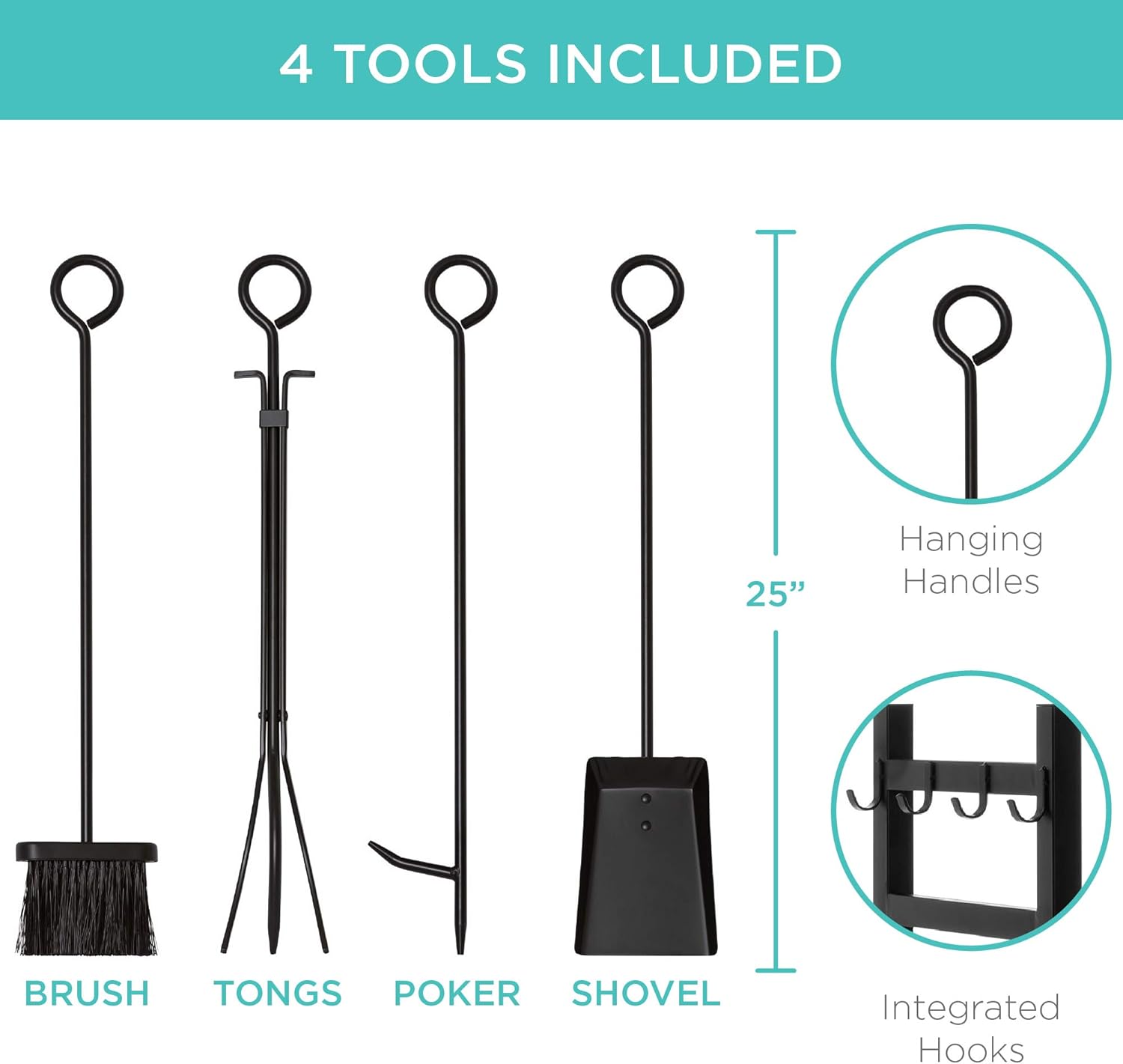 34.25in Firewood Log Rack & Tool Set Steel Wood Storage Accessory for Indoor Outdoor Fire Pit, Fireplace w/Kindling Holder, Shovel, Poker, Tongs, Brush