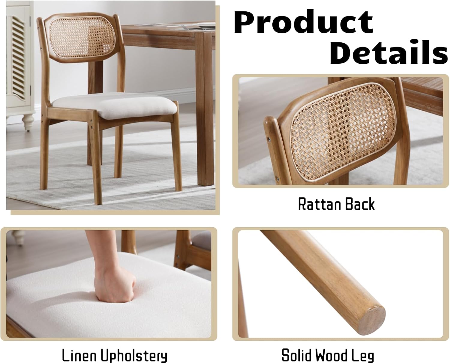 Modern Mid Century Wood Dining Room Chairs with Cane Back Upholstered Linen Kitchen Side Chairs