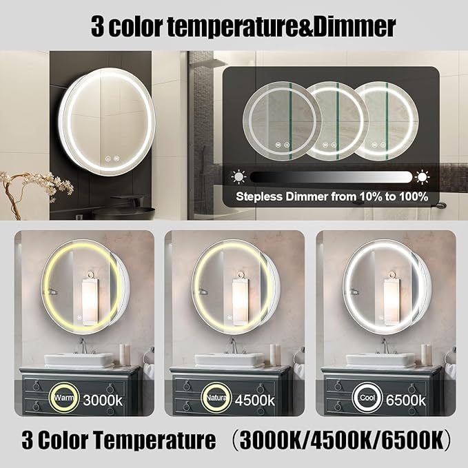 26inch Round Medicine Cabinet with Lights,Led Medicine Cabinet with Demister,Illuminated Bathroom Mirror Cabinet,Dimmable,Anti-Fog,3 Color Temperature