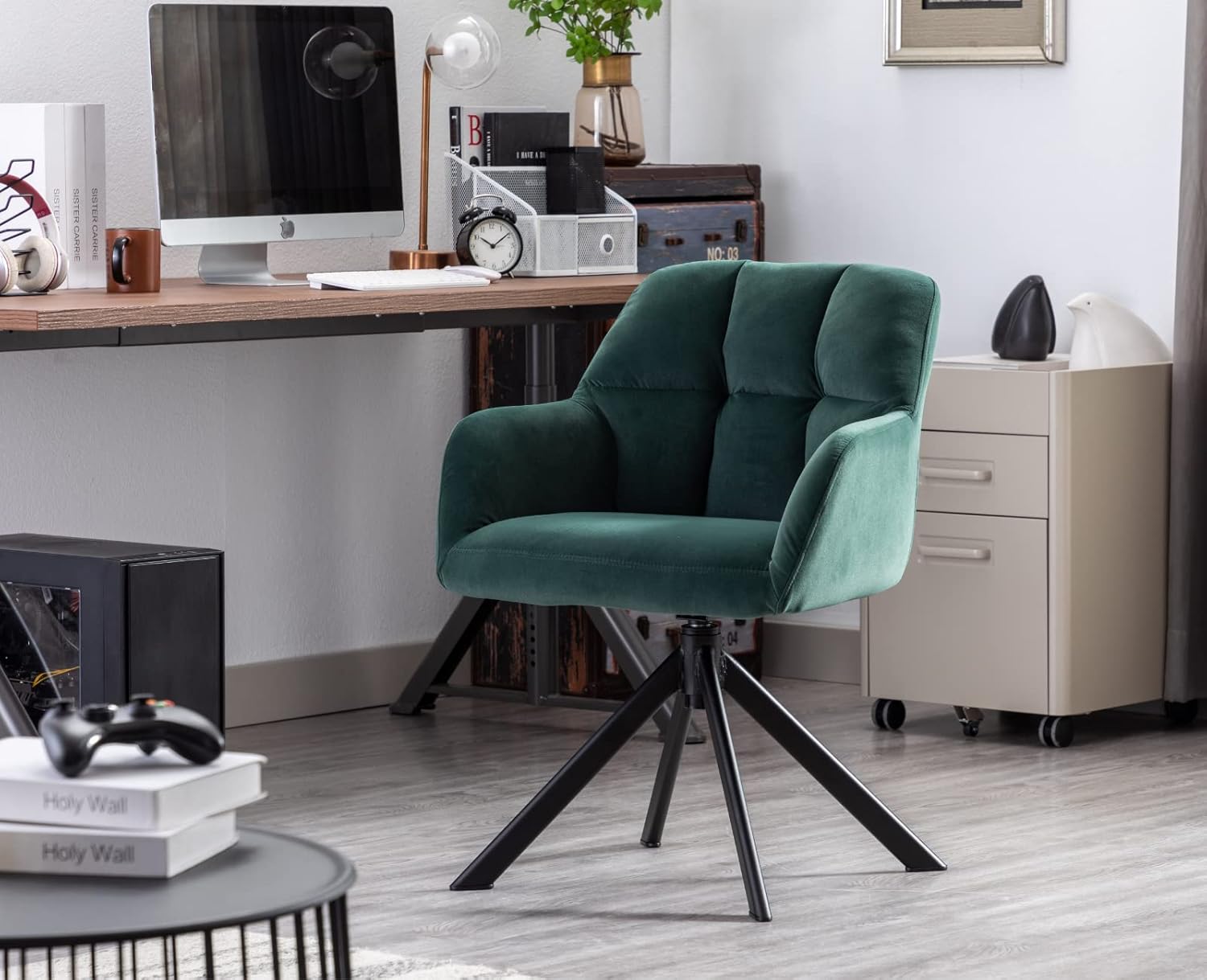Comfy Velvet Desk Chair Modern Computer Task Chair no Wheels Swivel Accent Chair with Mid Back Arm Chair