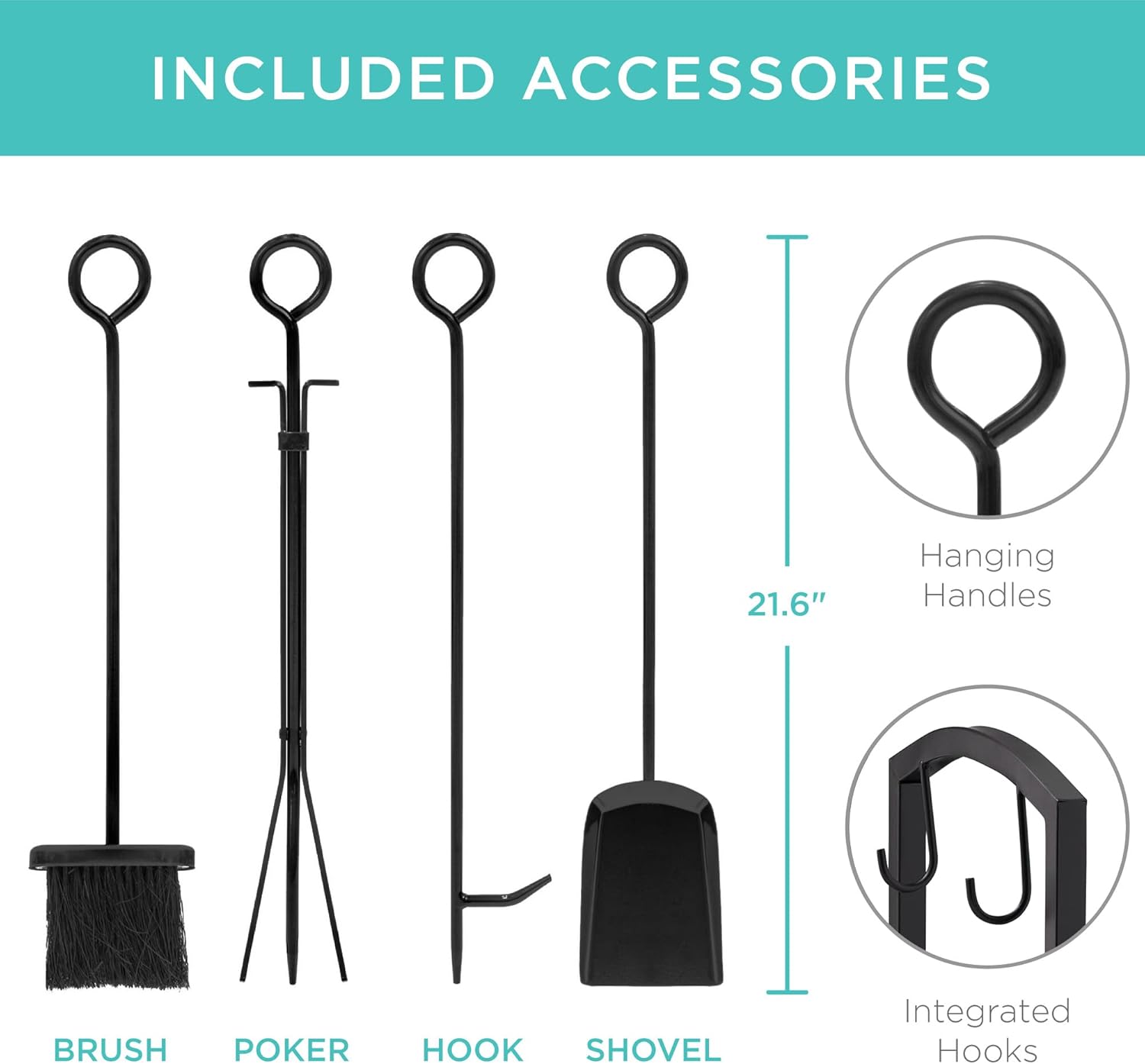 5-Piece Indoor Outdoor Wrought Iron Firewood Log Storage Rack Holder Firepit Tools Set