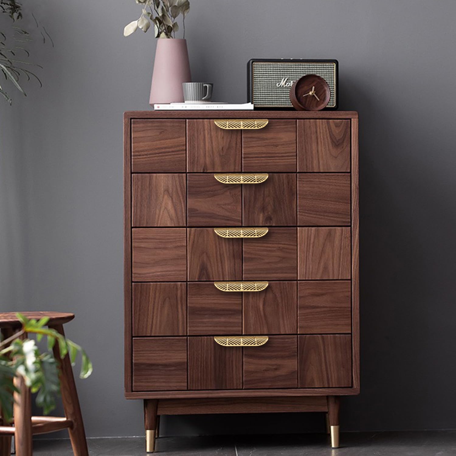 Solid Brass Cabinet Handles Brushed Gold Leaf Knobs and Pulls for Dresser Drawer Handles Edge Pulls,4-5/8"(117mm) Overall Length,4Pcs