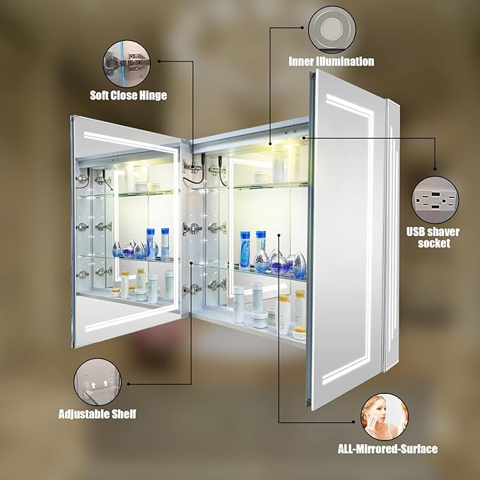 Bathroom Mirror Cabinet with Lights,Aluminum LED Medicine Cabinet,Equip with Internal Light,USB Shaver Socket,Back Door Light Strip,32 inch×36 inch,Surface Mount